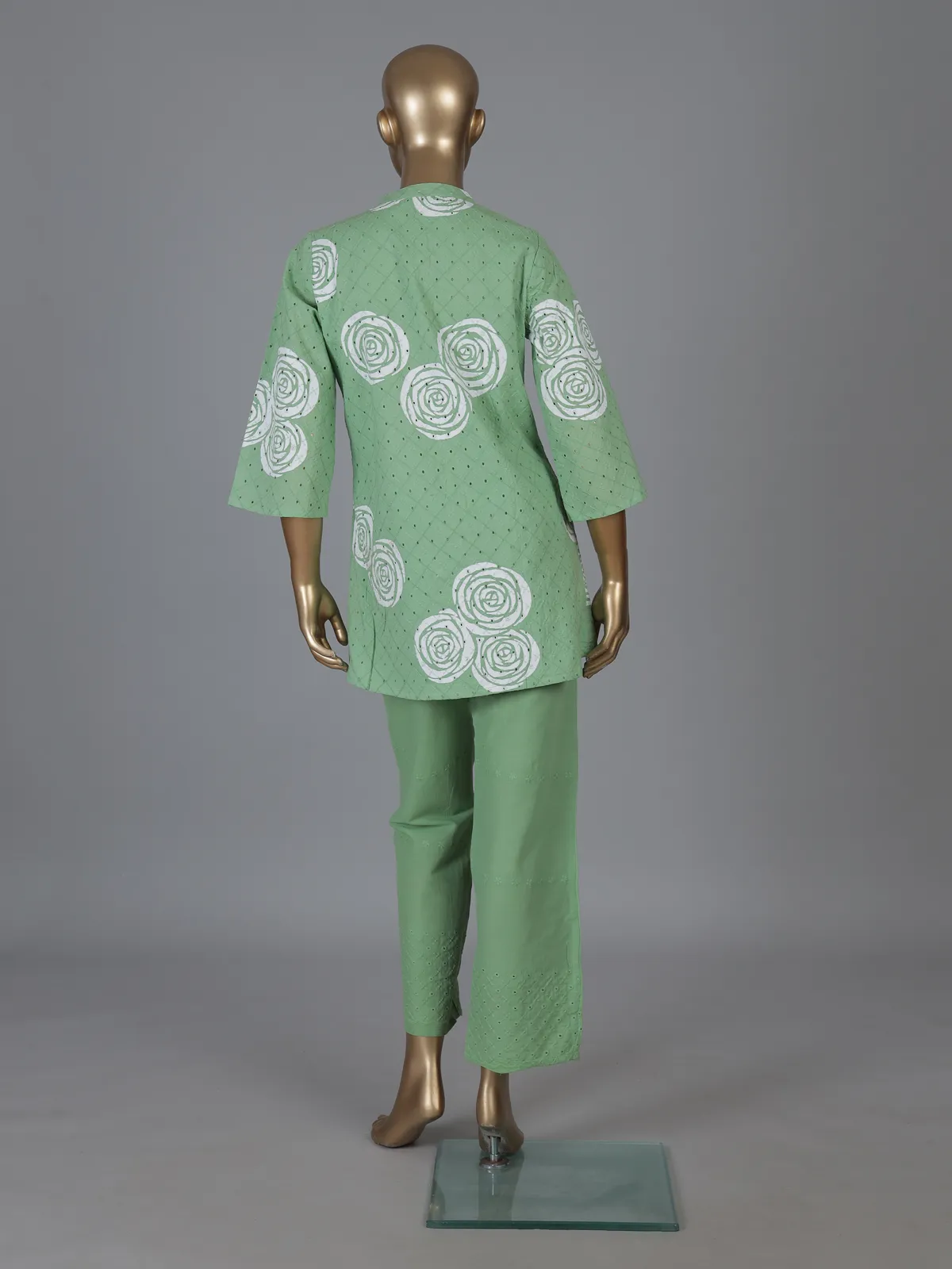 Pista green cotton co ord set with cut work detailing