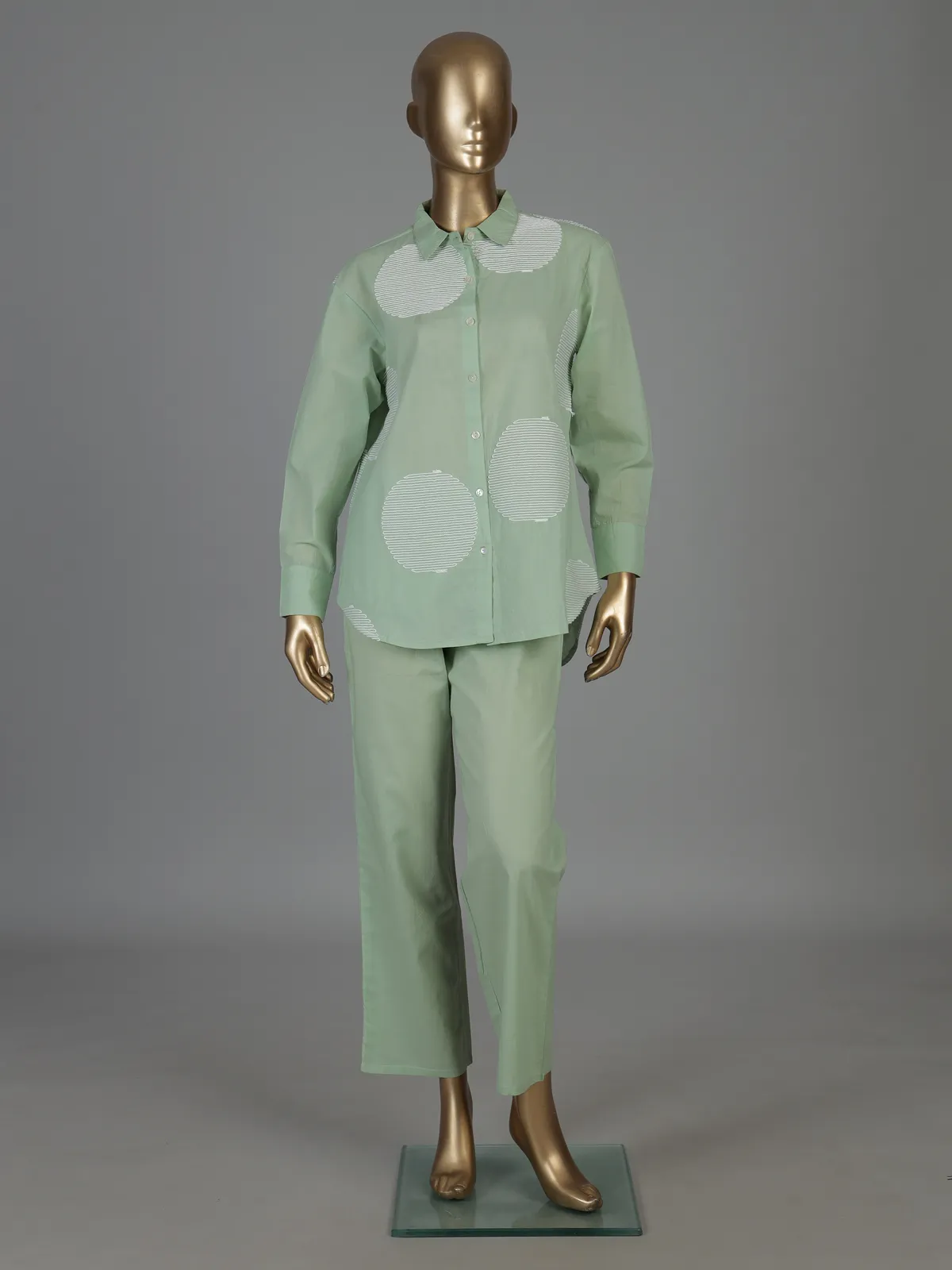 Pista green cotton co ord set with white thread detail