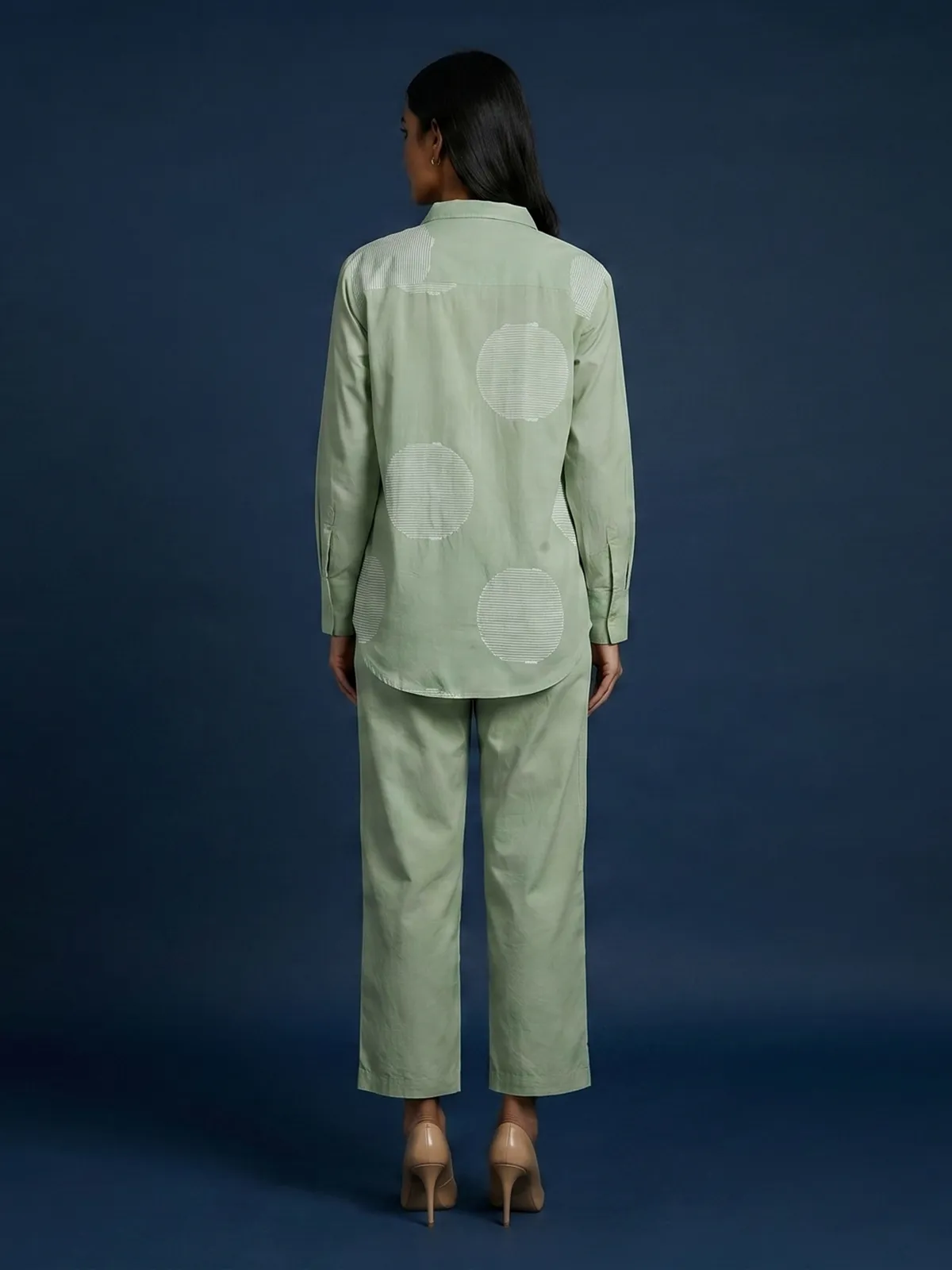 Pista green cotton co ord set with white thread detail