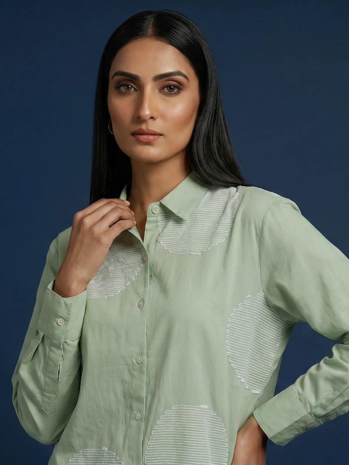 Pista green cotton co ord set with white thread detail