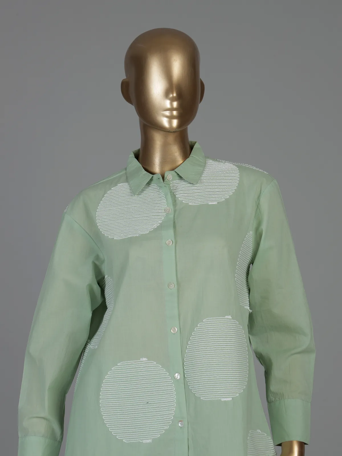 Pista green cotton co ord set with white thread detail