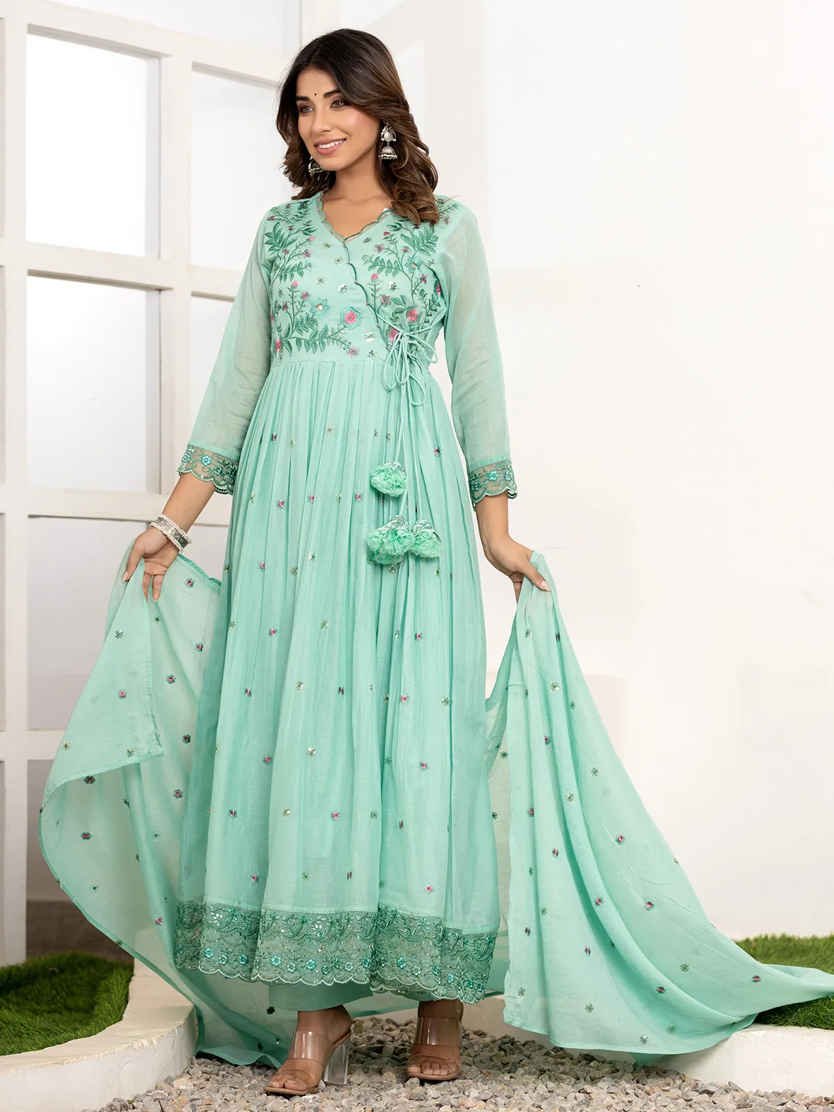 pista green cotton kurti set with dupatta