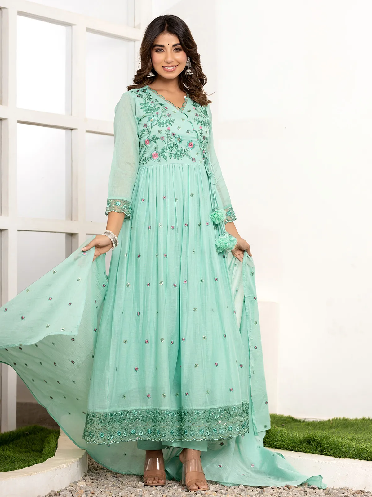 pista green cotton kurti set with dupatta