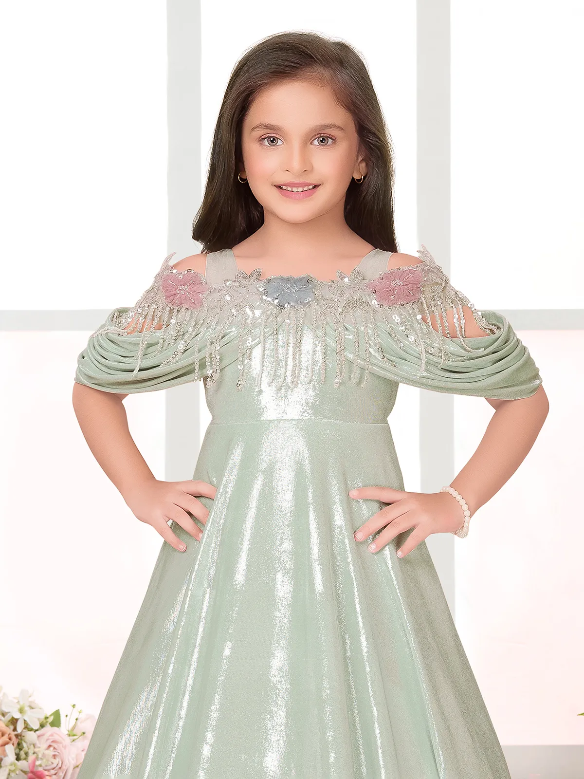Pista green designer floor length embellished girls gown