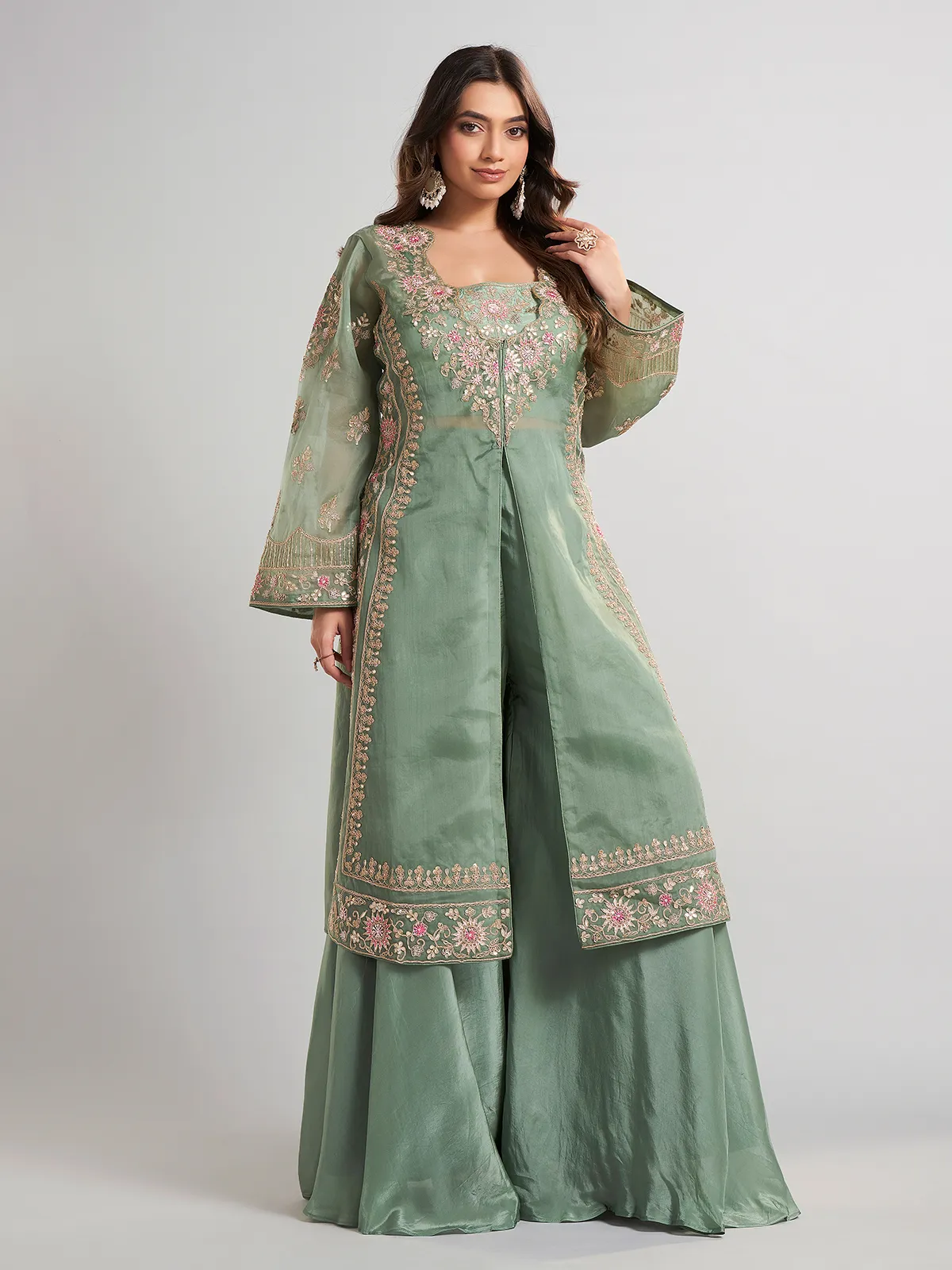 Pista green designer pakistani tissue and satin silk palazzo suit