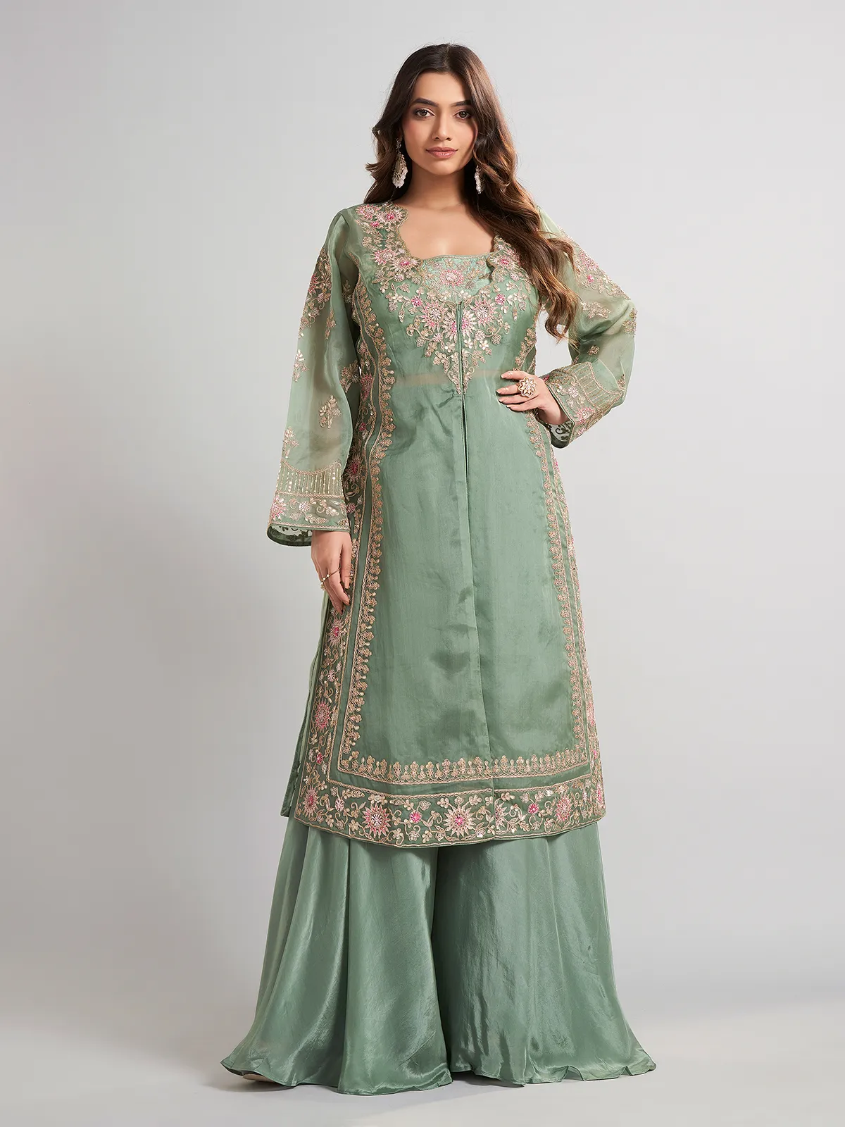 Pista Green Designer Pakistani Tissue And Satin Silk Palazzo Suit