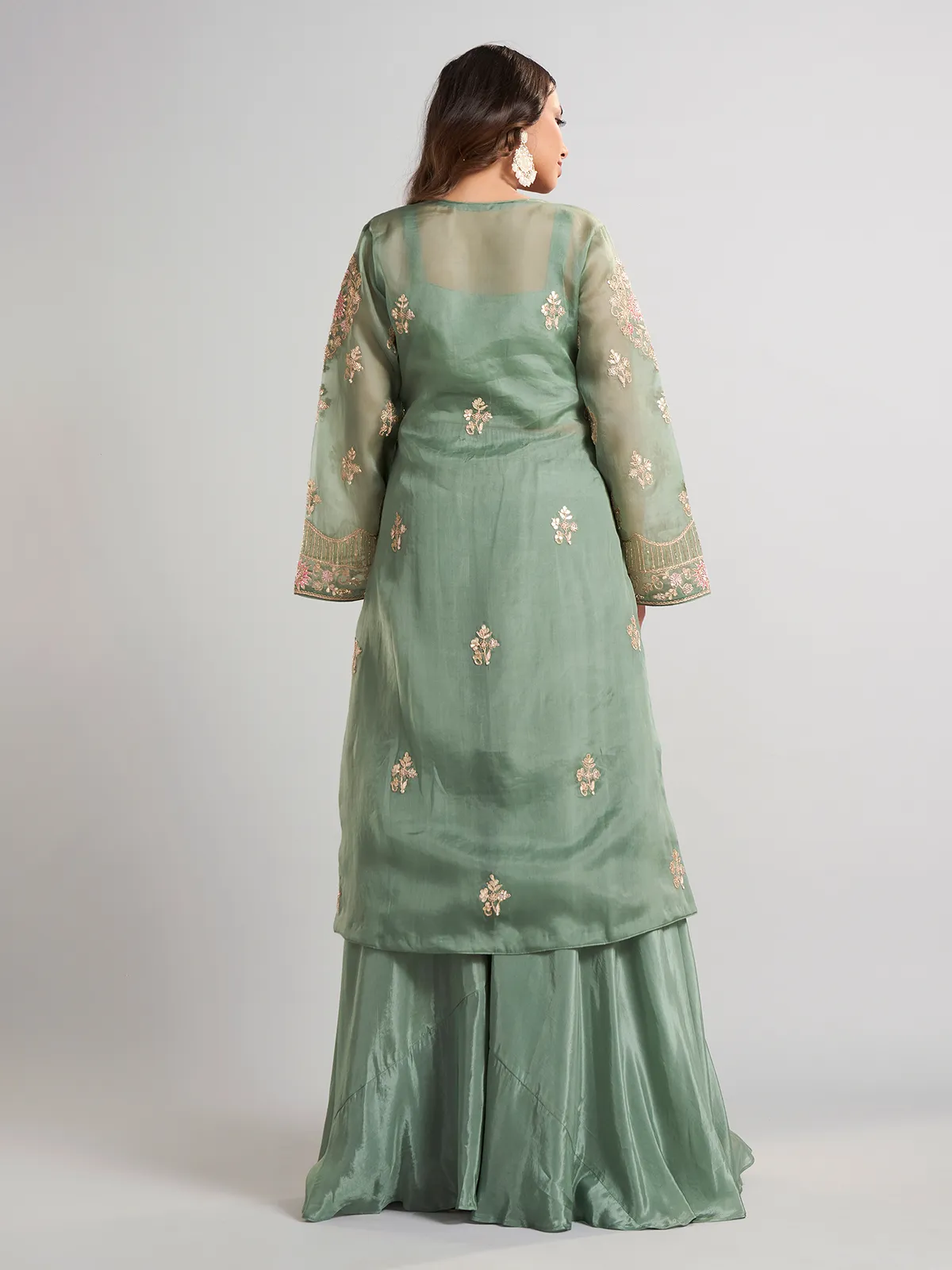 Pista Green Designer Pakistani Tissue And Satin Silk Palazzo Suit Pista Green Designer Pakistani Tissue And Satin Silk Palazzo Suit