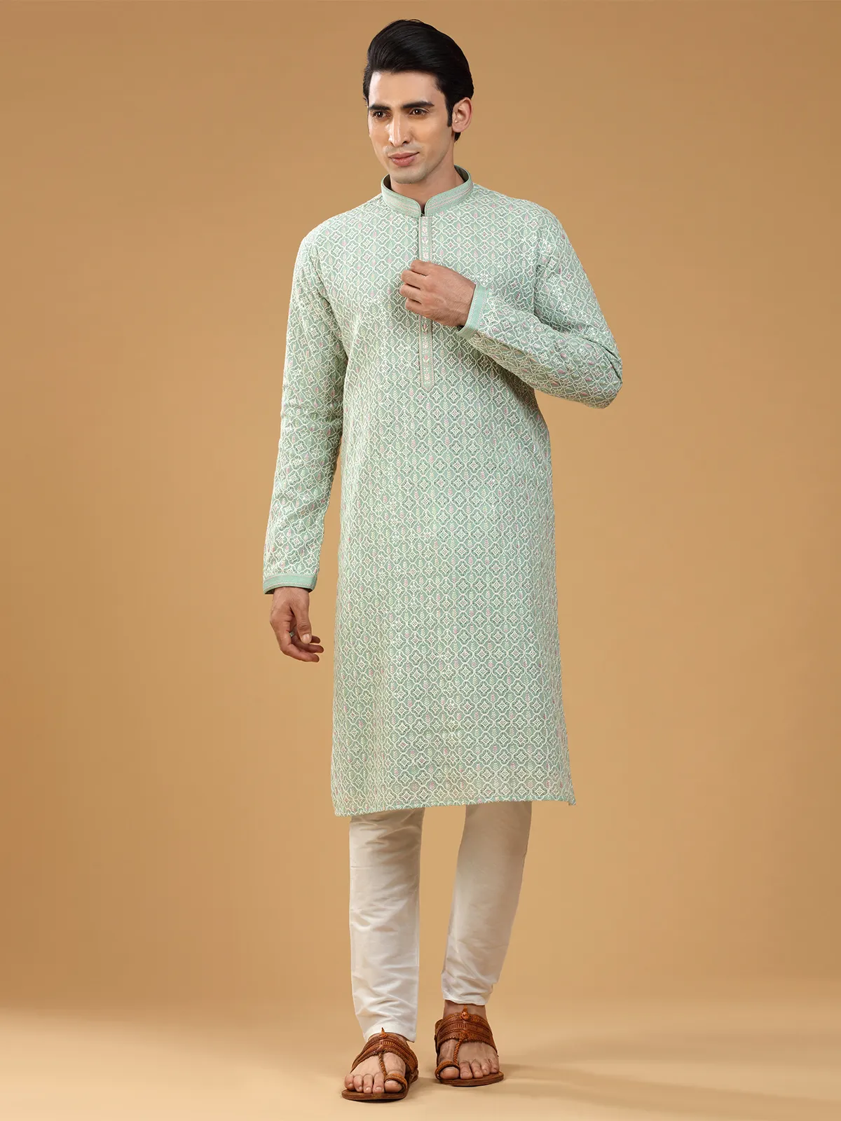 Pista green embroidery georgette  Men Kurta pajama