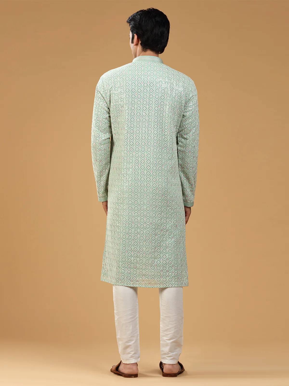 Pista green embroidery georgette  Men Kurta pajama