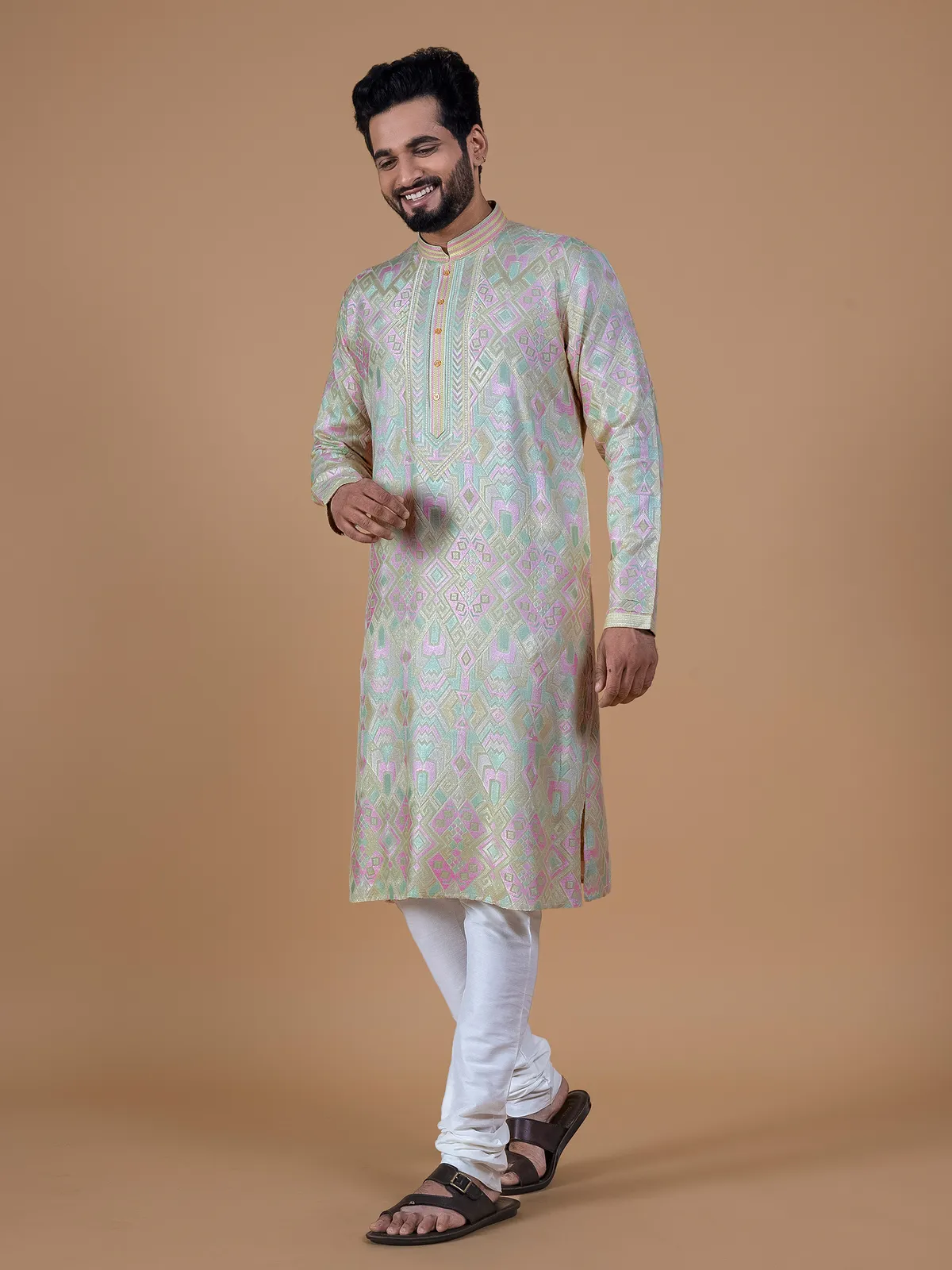 Pista green embroidery silk kurta suit