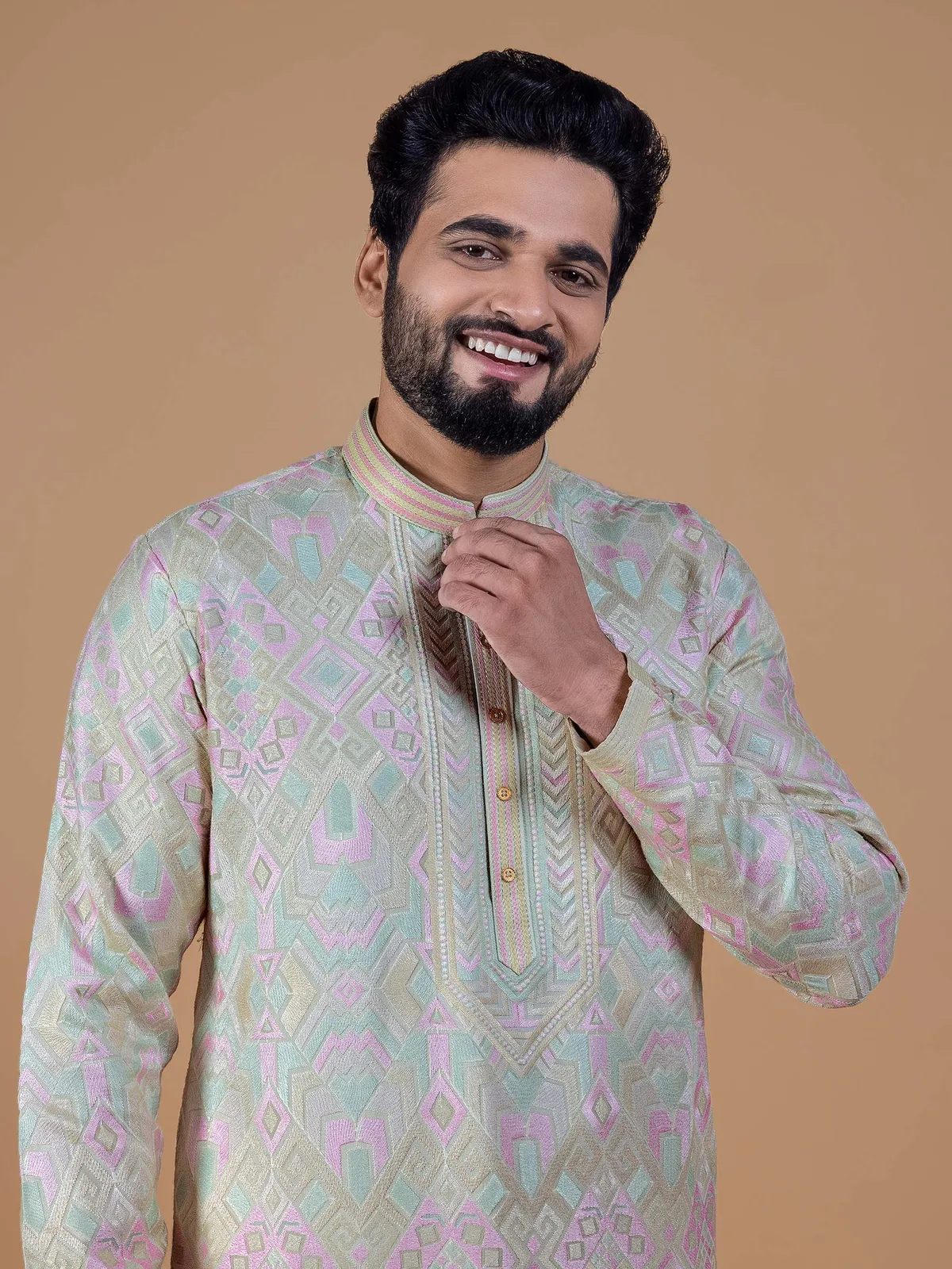 Pista green embroidery silk kurta suit