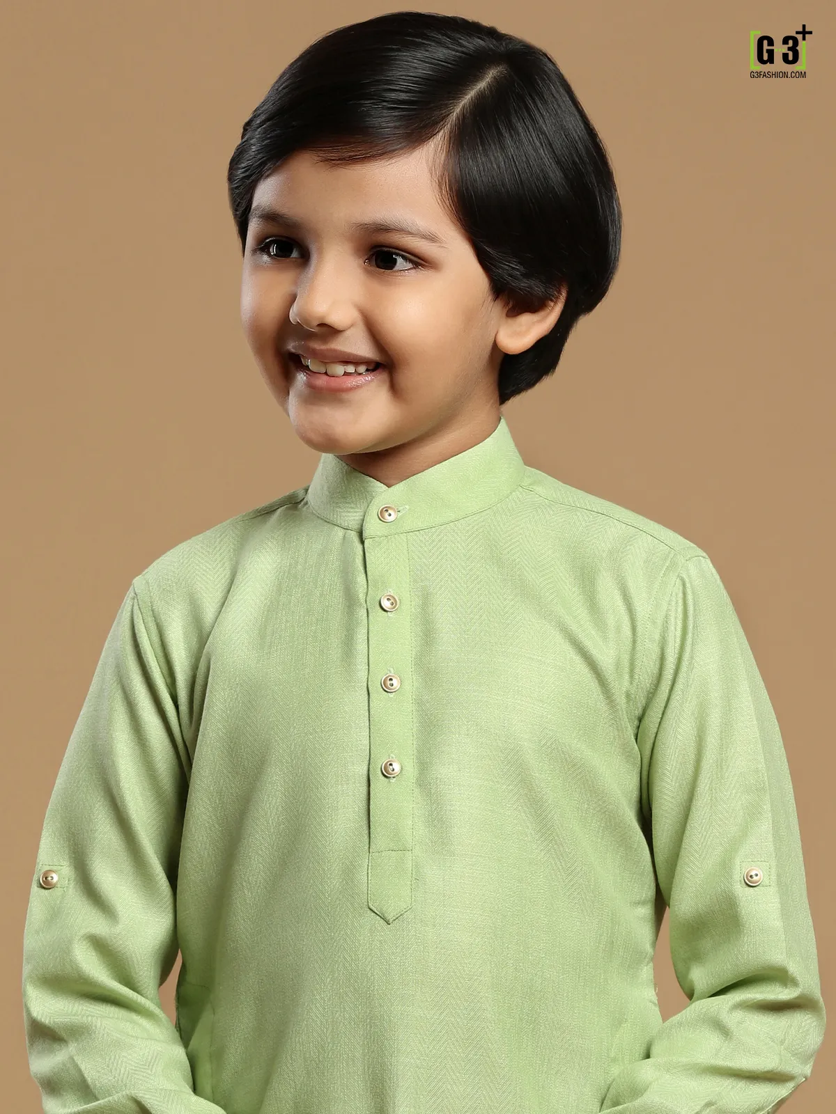 Pista green festive wear solid boys kurta set in cotton