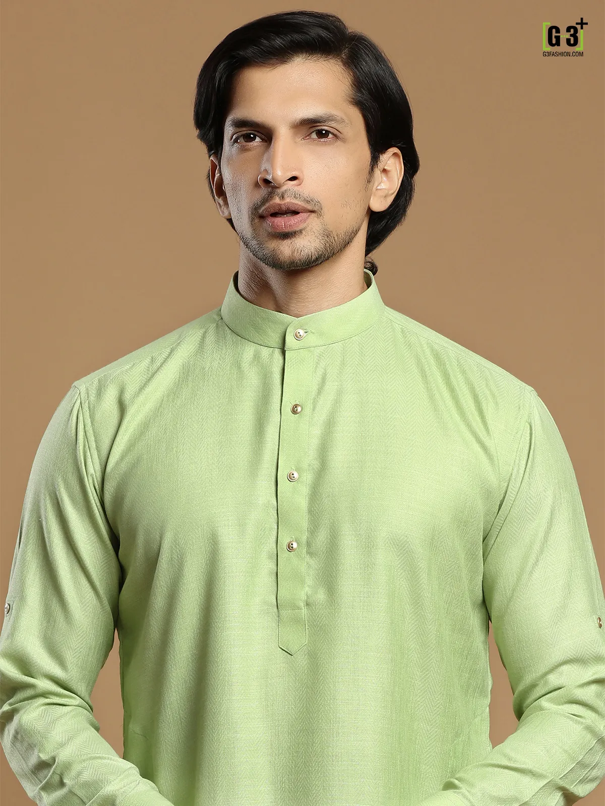 Pista green festive wear solid men kurta set in cotton