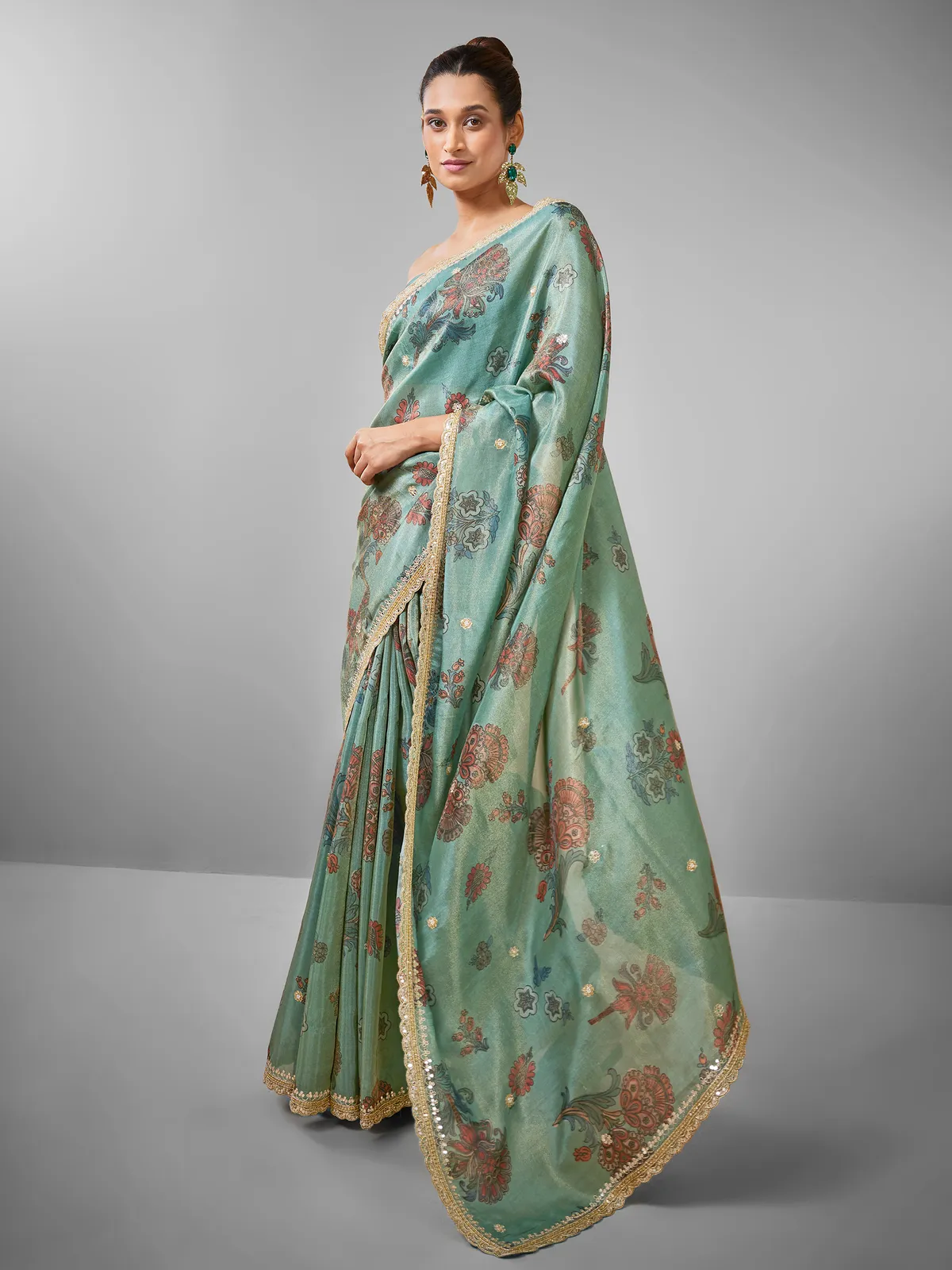 Pista green floral printed tissue silk saree
