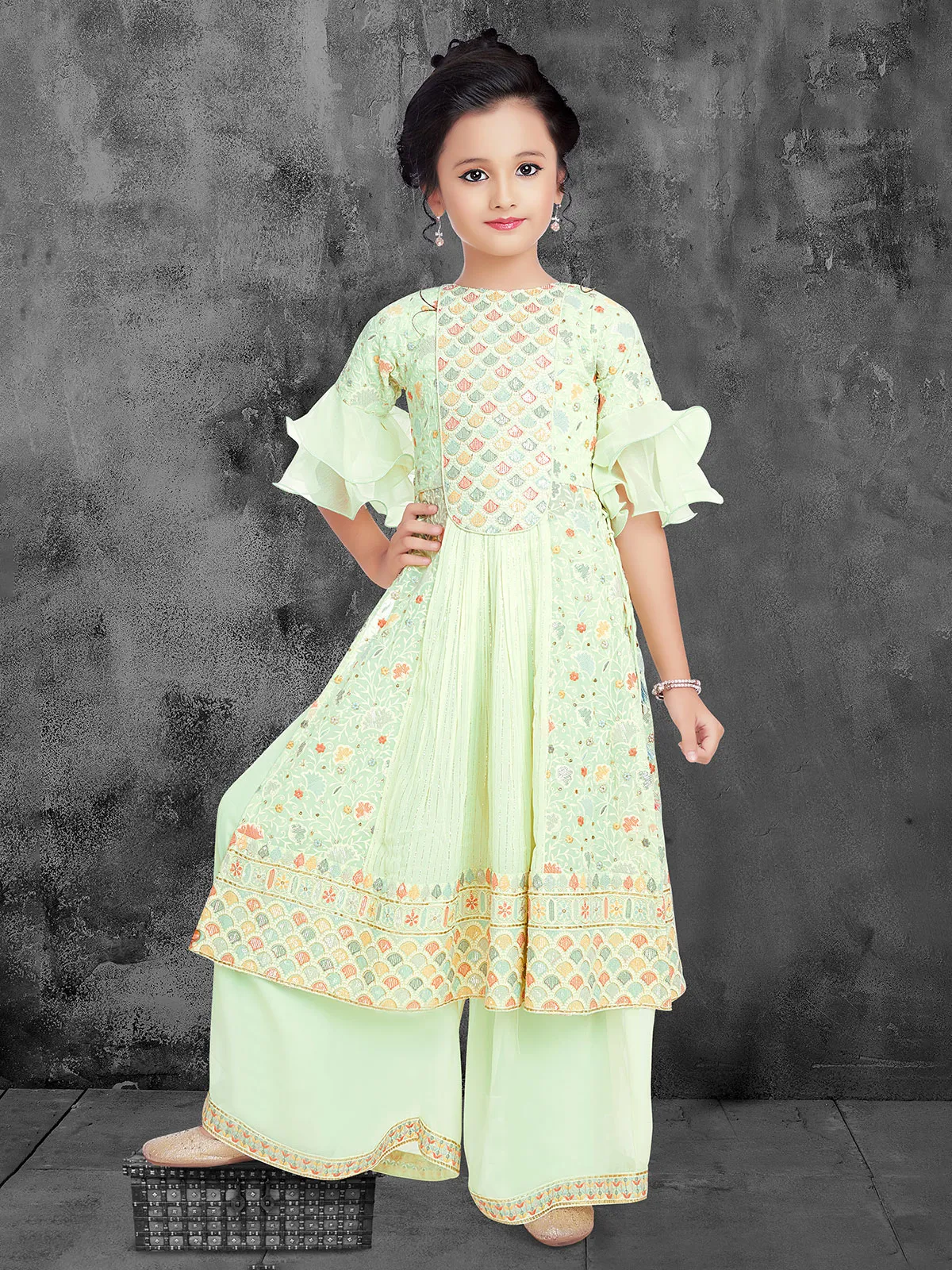 Pista green georgette festive wear palazzo suit