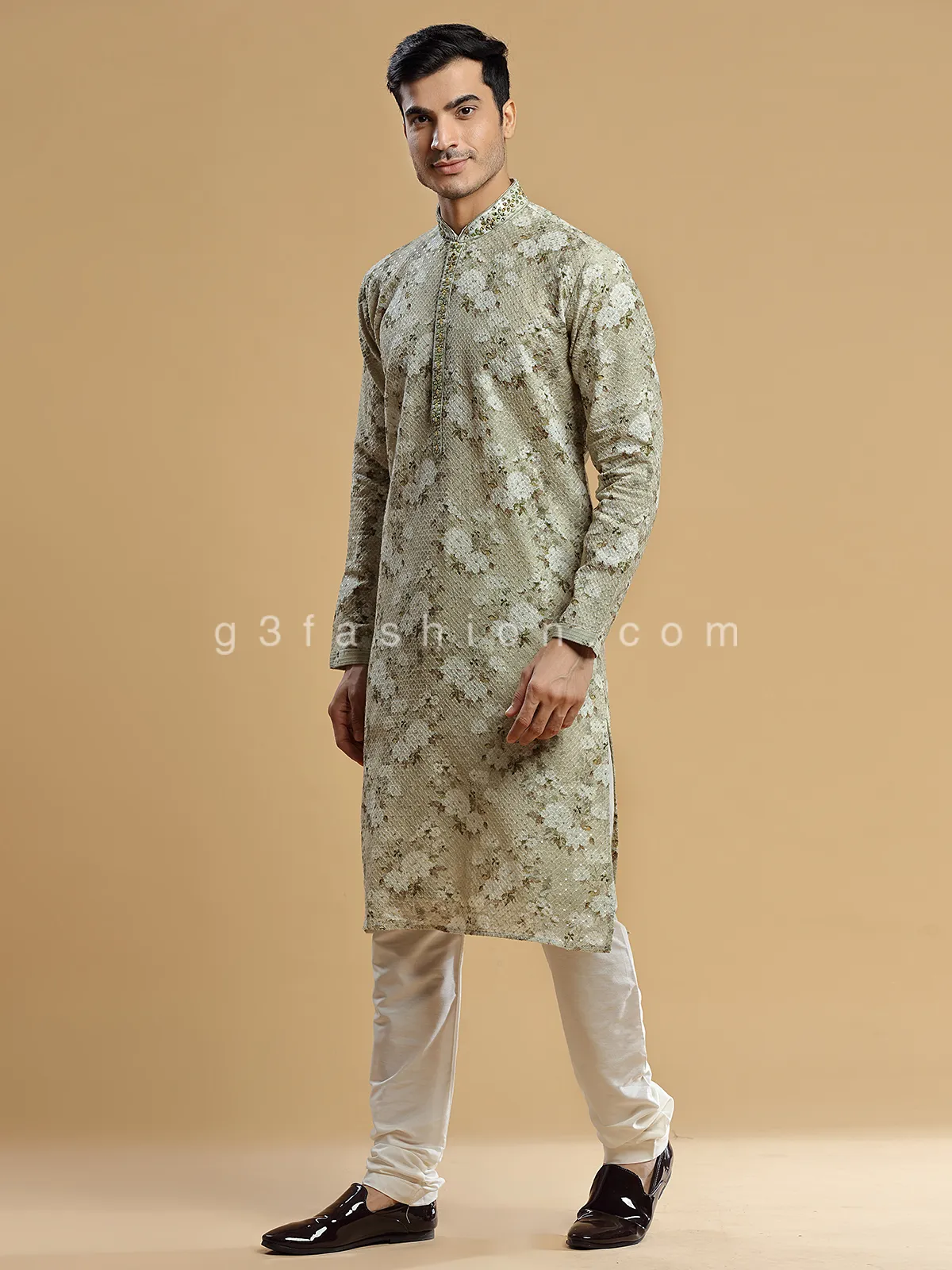 Olive georgette floral printed kurta suit