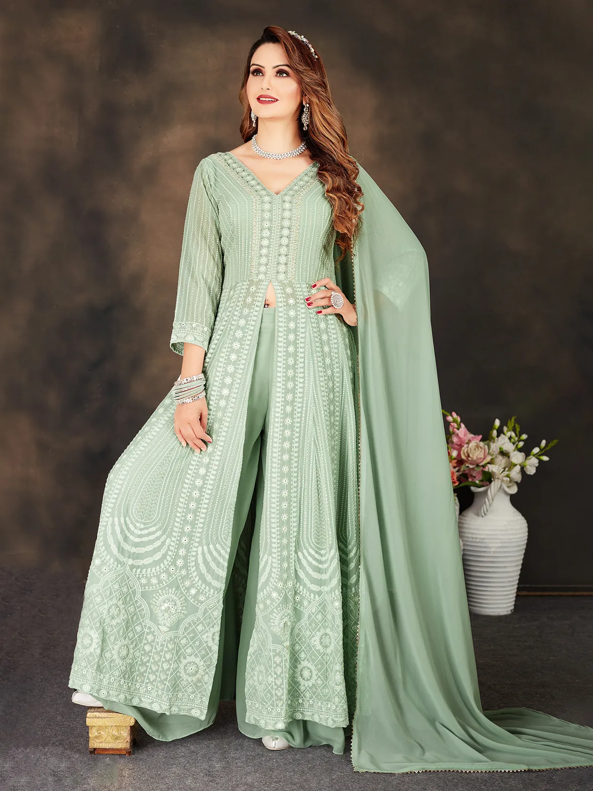 Pista green georgette front slit palazzo suit