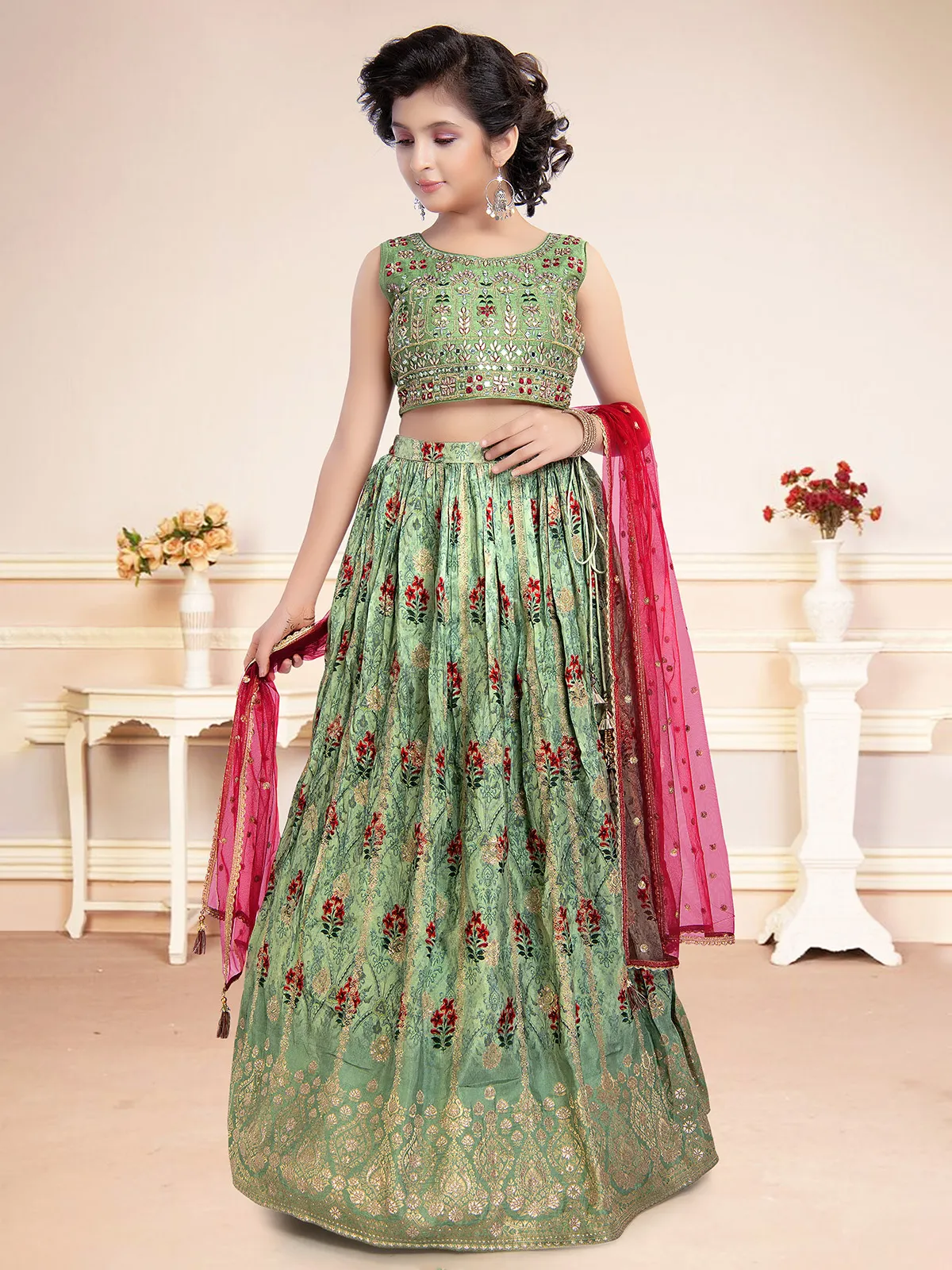 Pista green printed georgette wedding lehenga choli