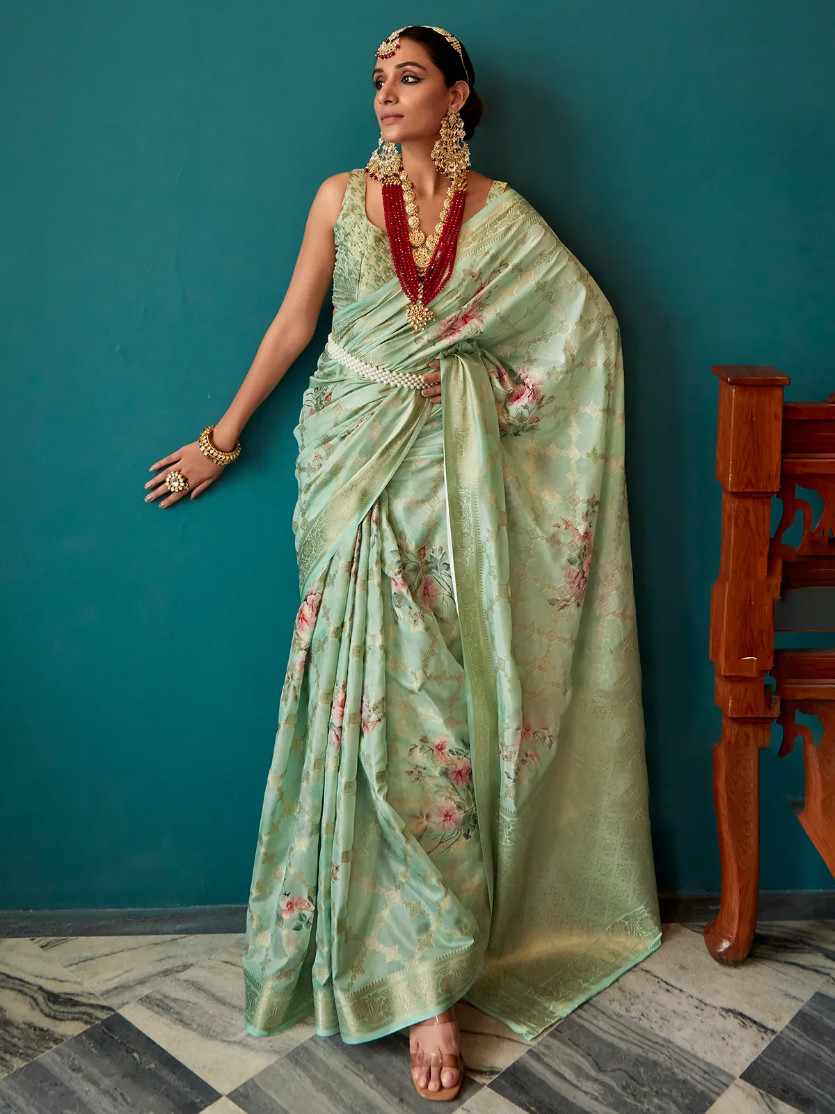 Pista green printed saree in soft silk