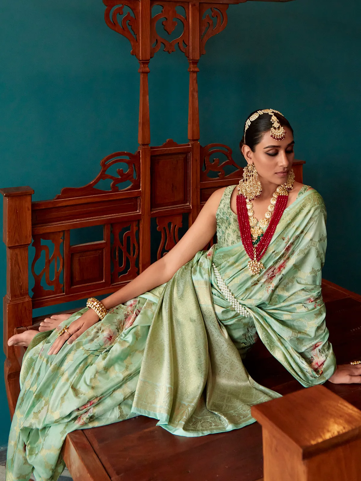 Pista green printed saree in soft silk