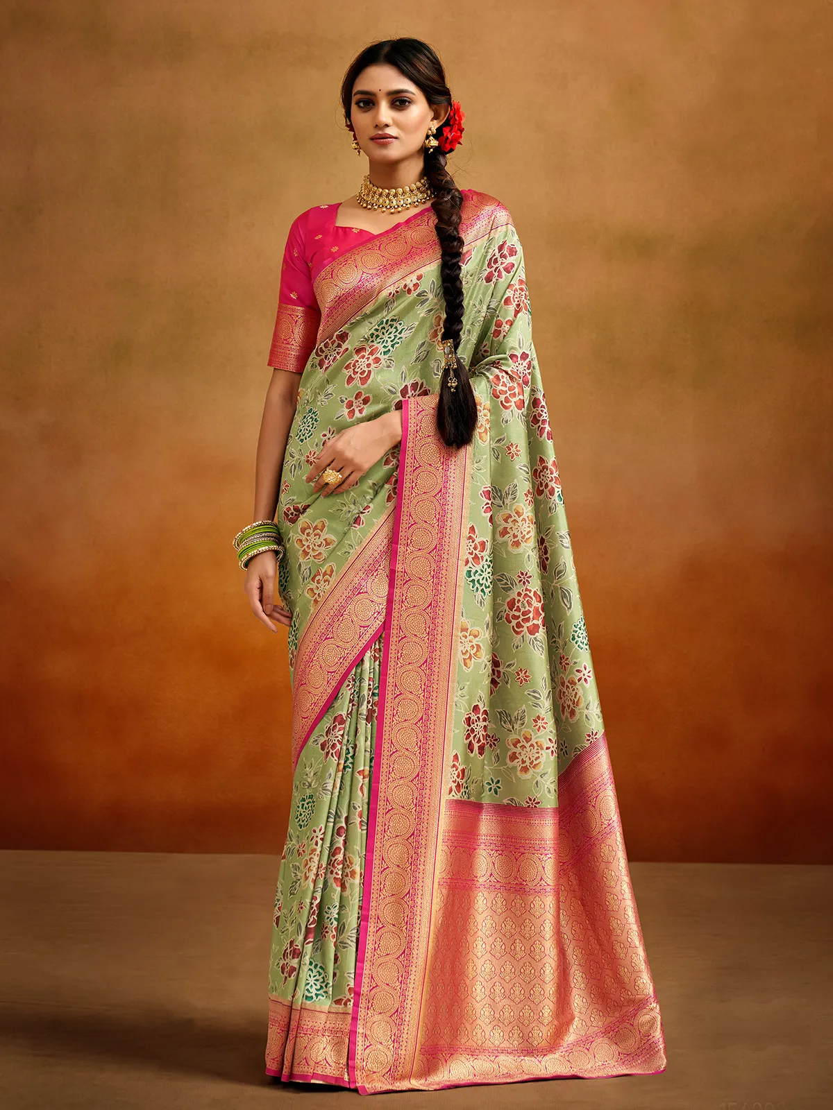 Pista green printed saree with contrast border