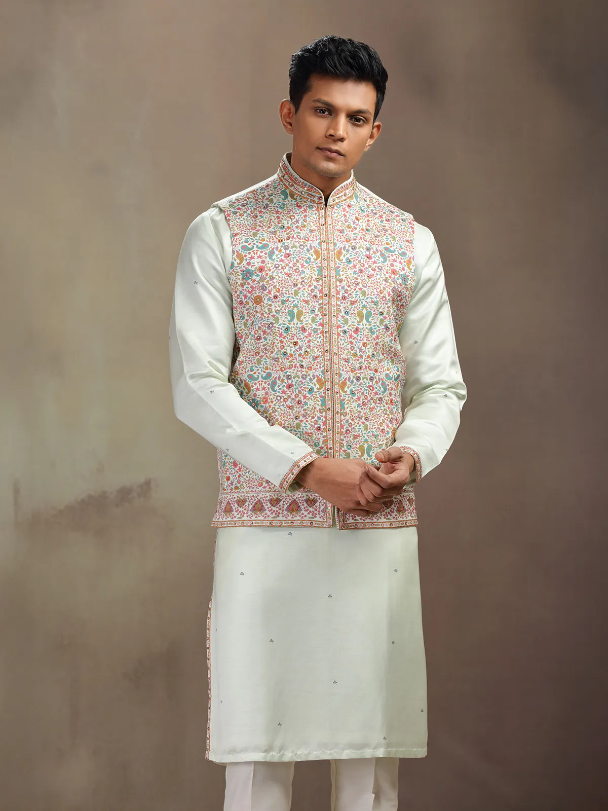 Pista green printed waistcoat set in satin linen