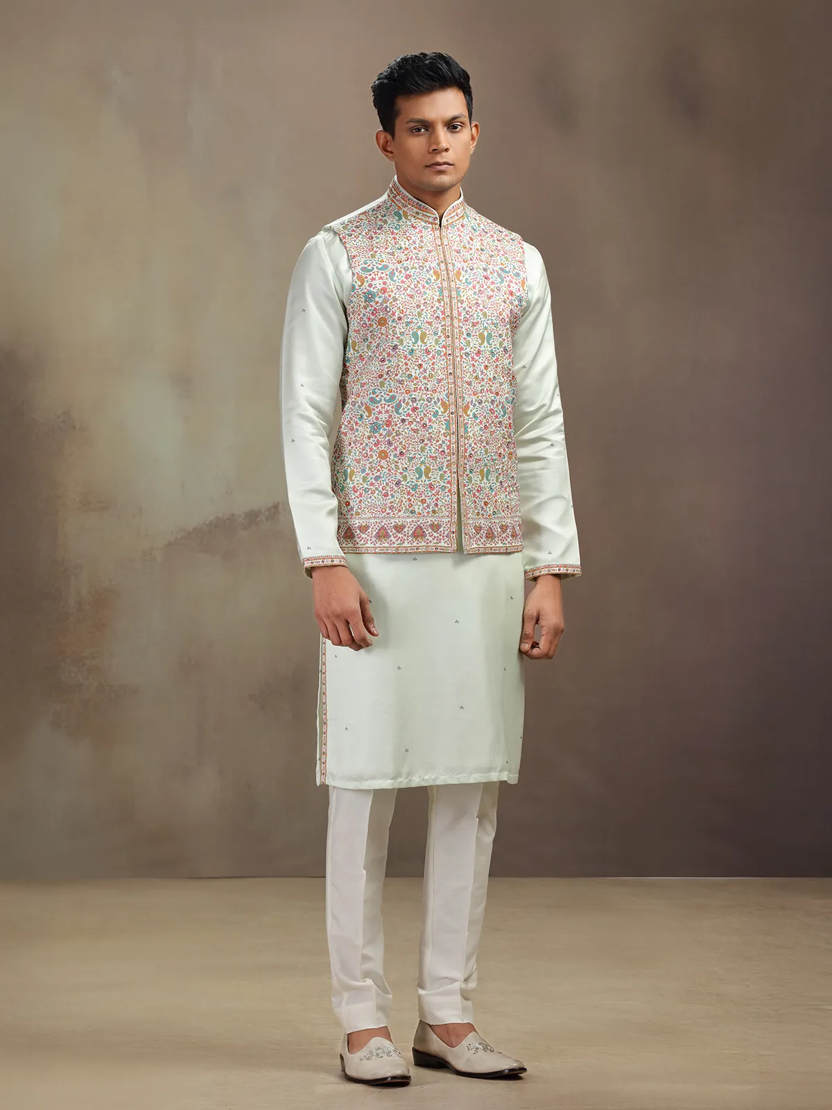 Pista green printed waistcoat set in satin linen