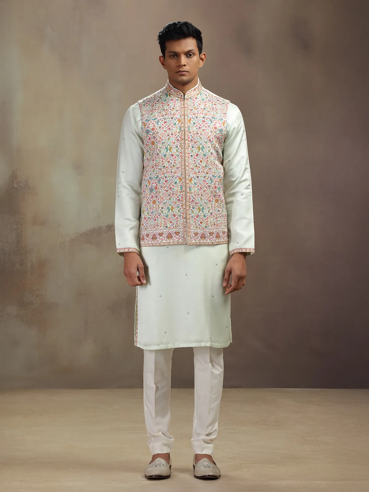 Pista green printed waistcoat set in satin linen