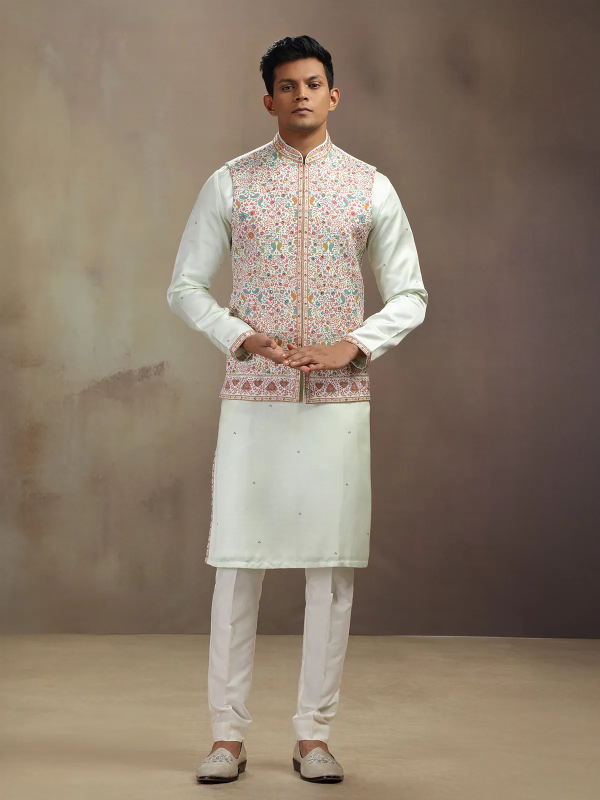 Pista green printed waistcoat set in satin linen