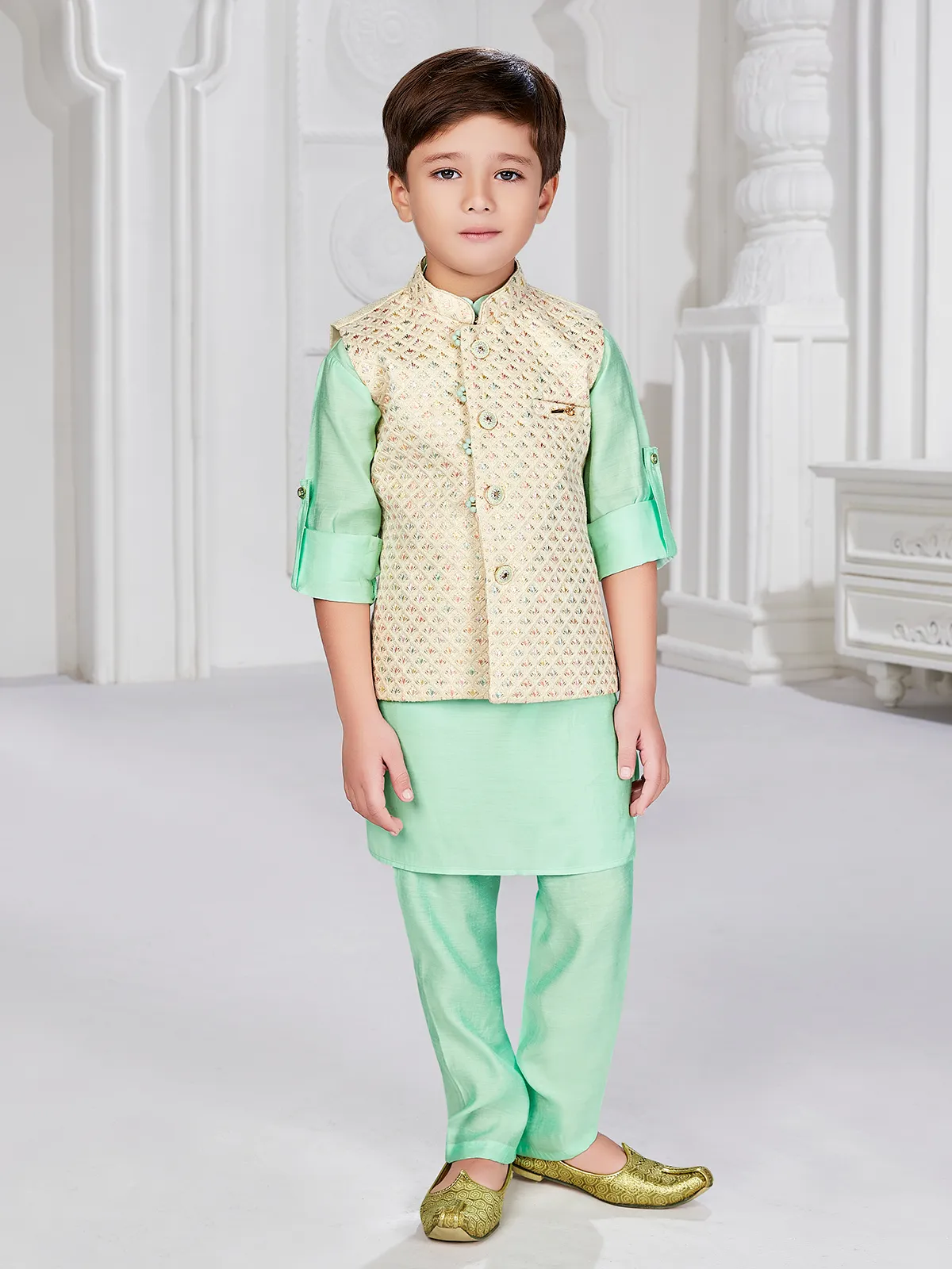 Pista green silk embroidery waistcoat set