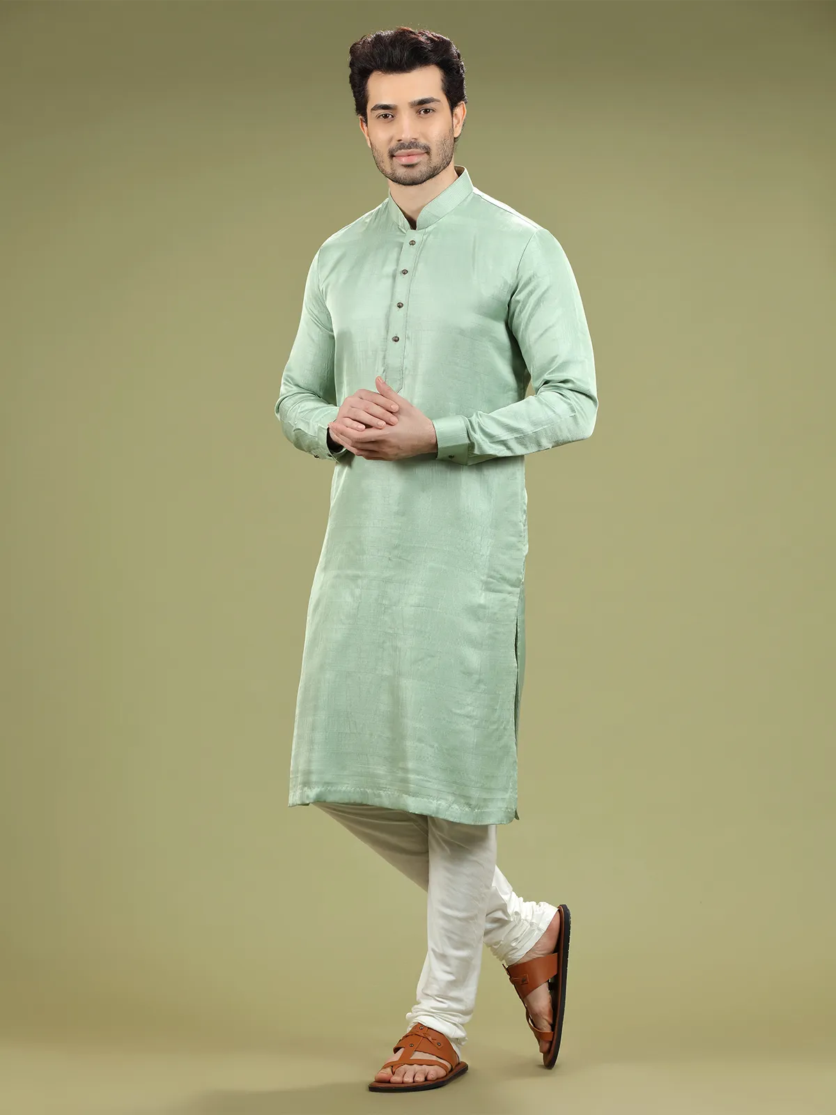 Pista green silk plain  Men Kurta pajama