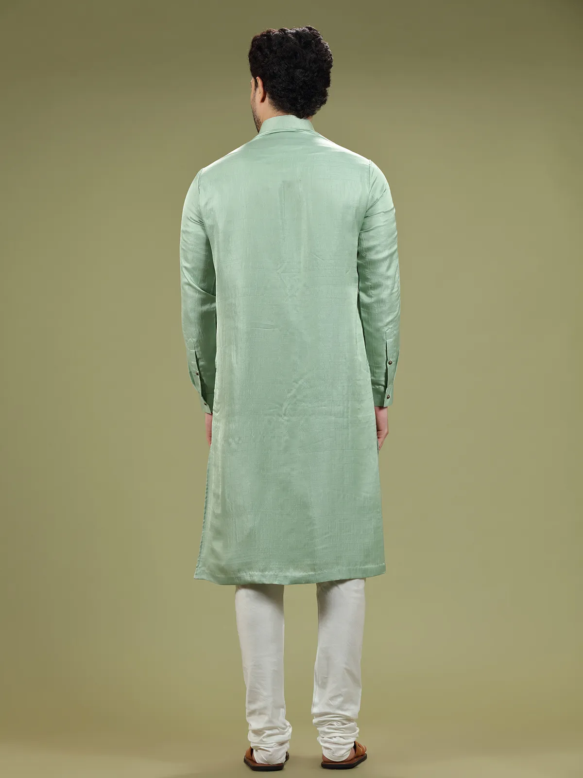 Pista green silk plain  Men Kurta pajama