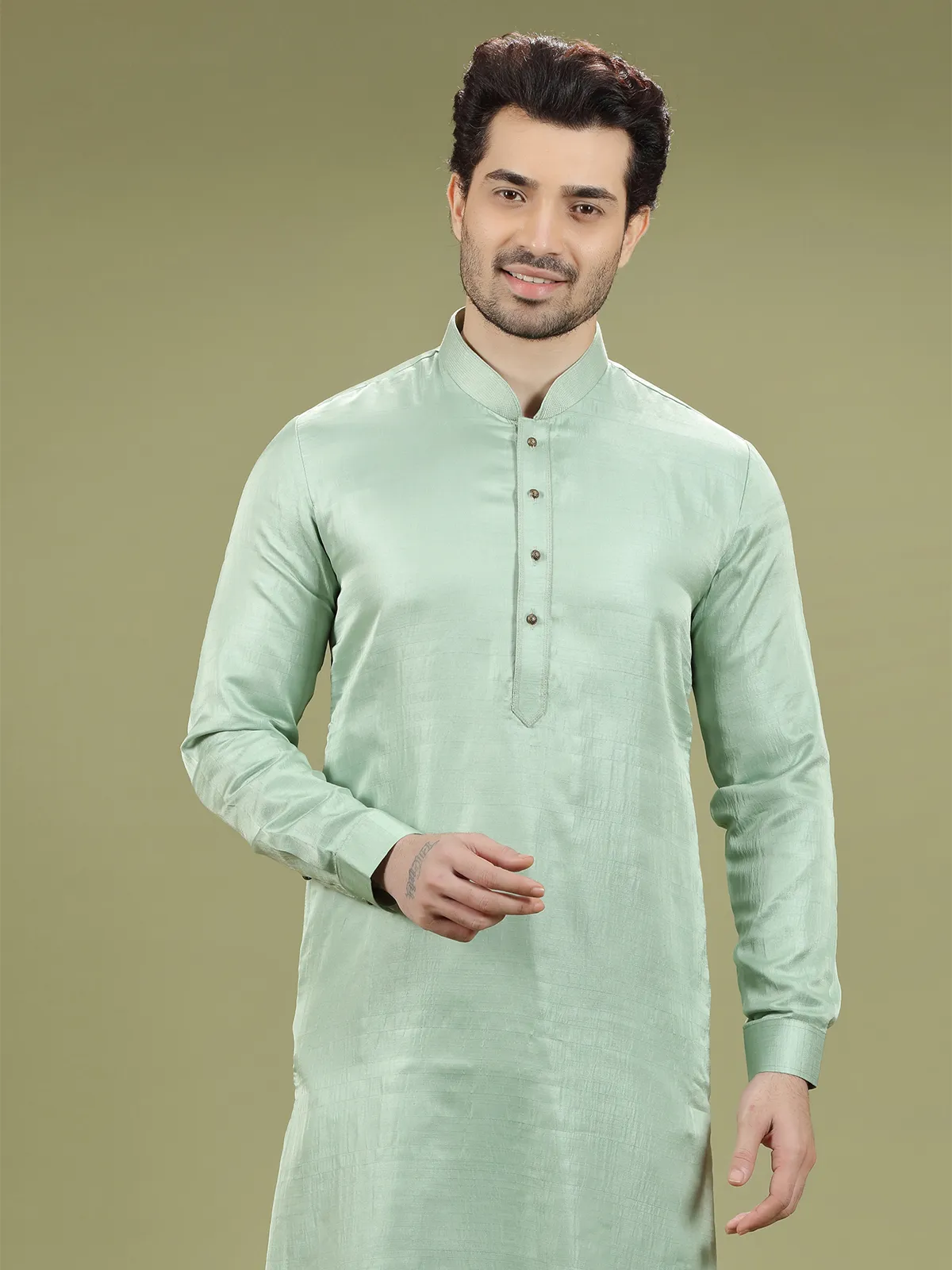 Pista green silk plain  Men Kurta pajama