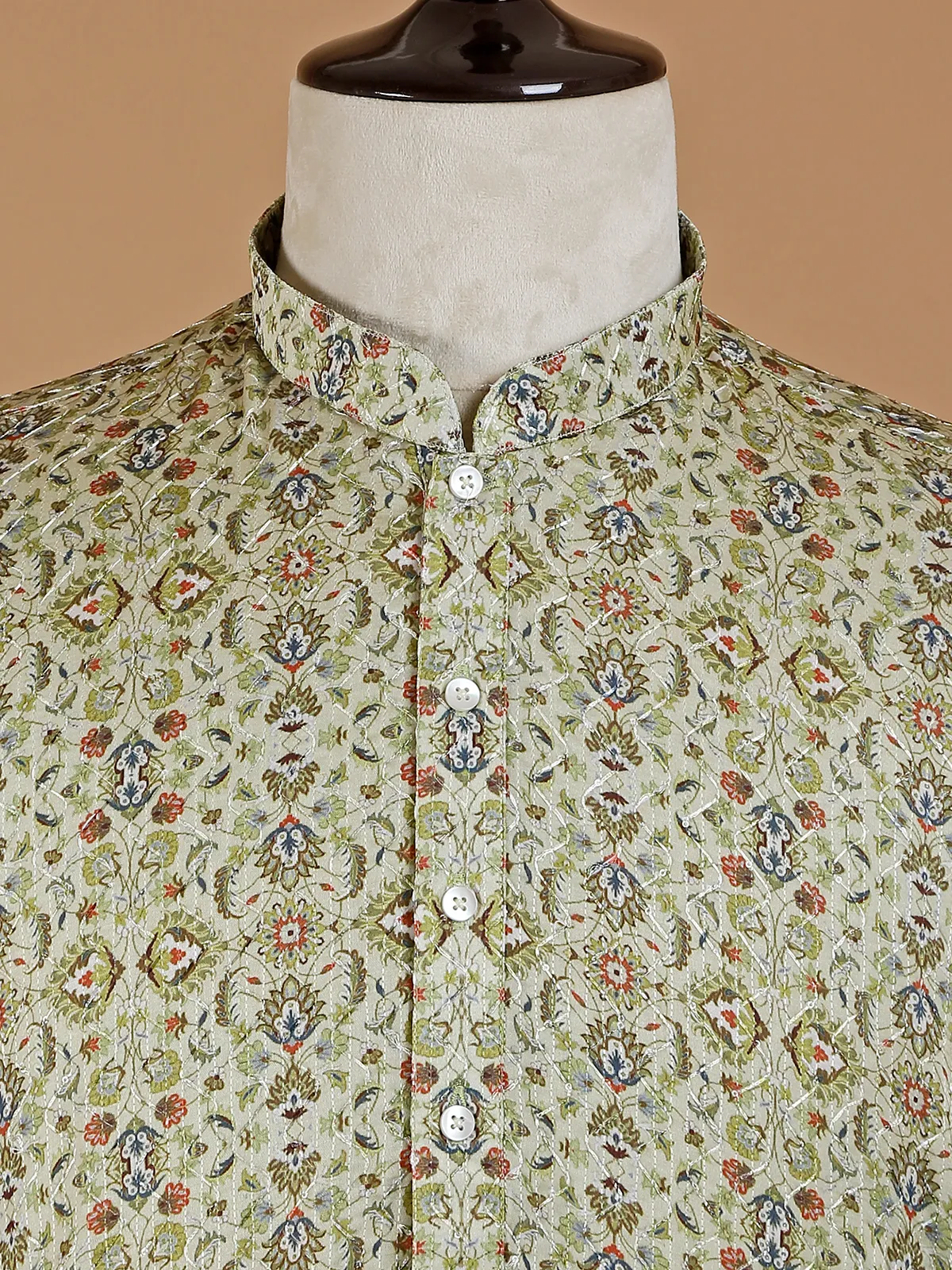 Pista green silk printed kurta