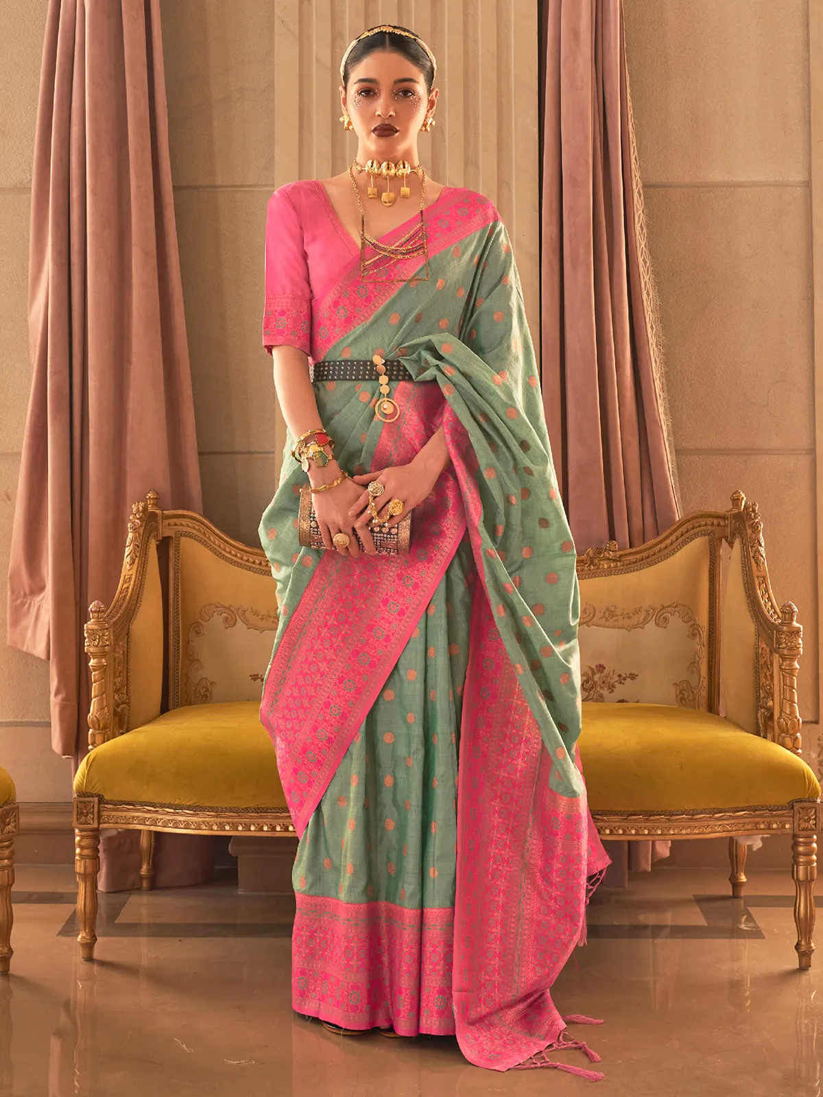 Pista green silk saree with zari woven