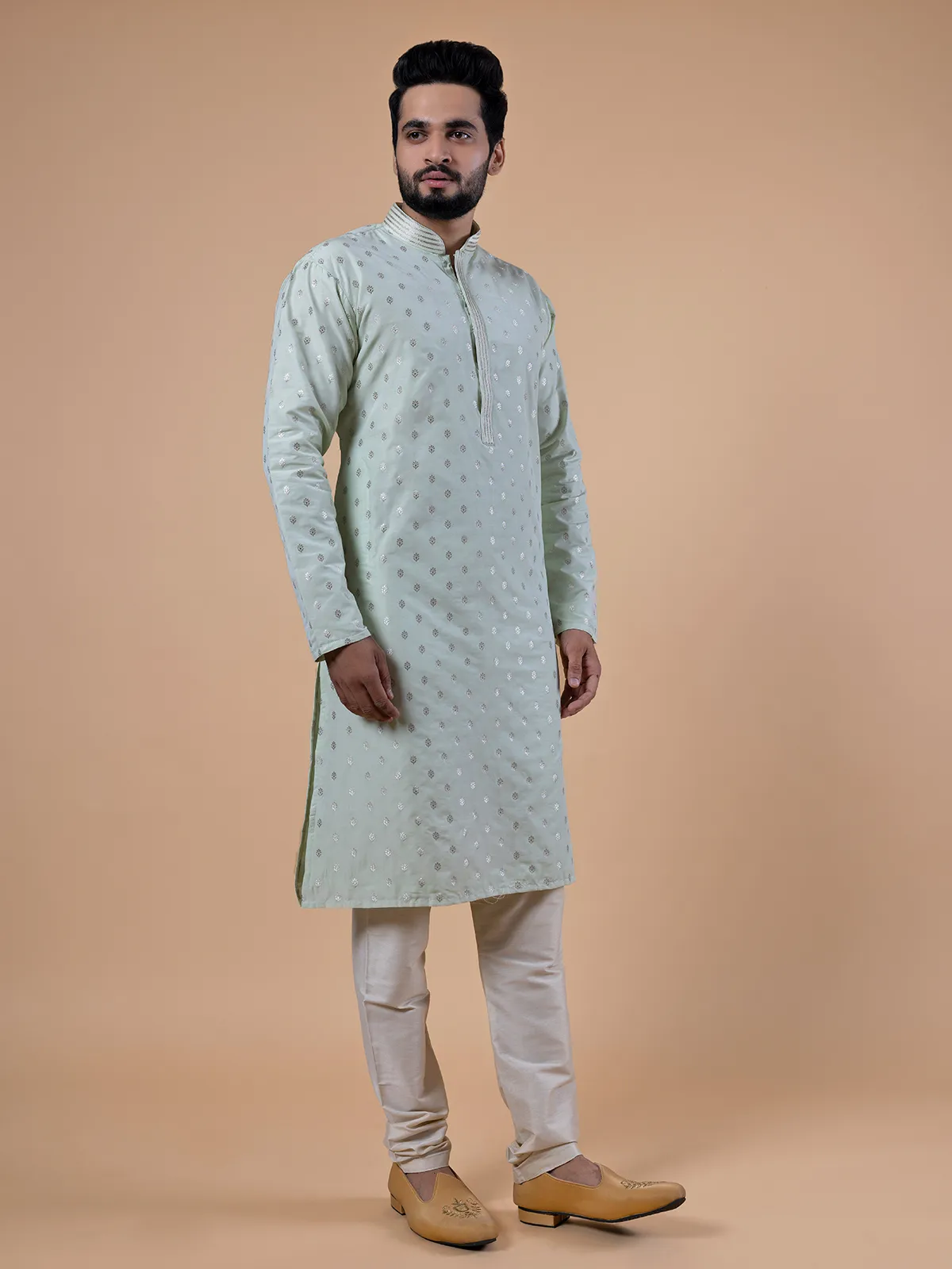 Pista green silk zari weaving  Men Kurta pajama