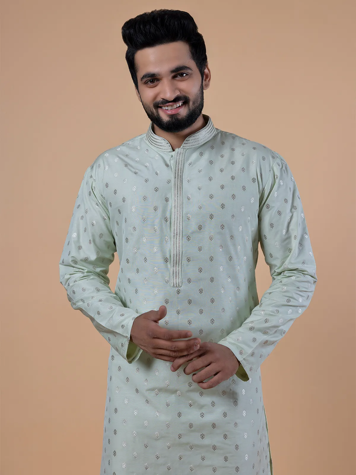 Pista green silk zari weaving  Men Kurta pajama