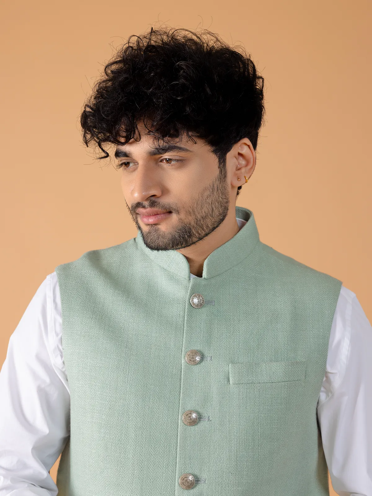 Pista green terry rayon texture waistcoat