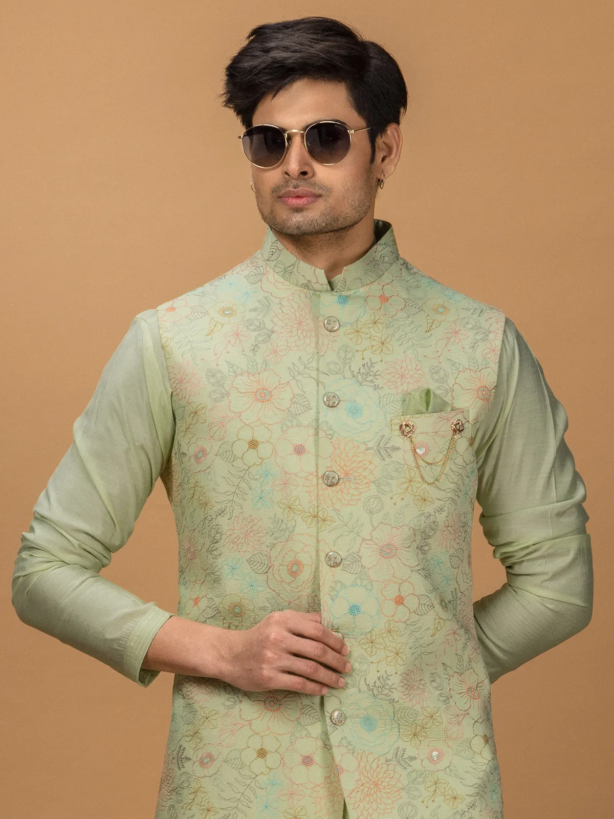 Pista green waistcoat set in silk