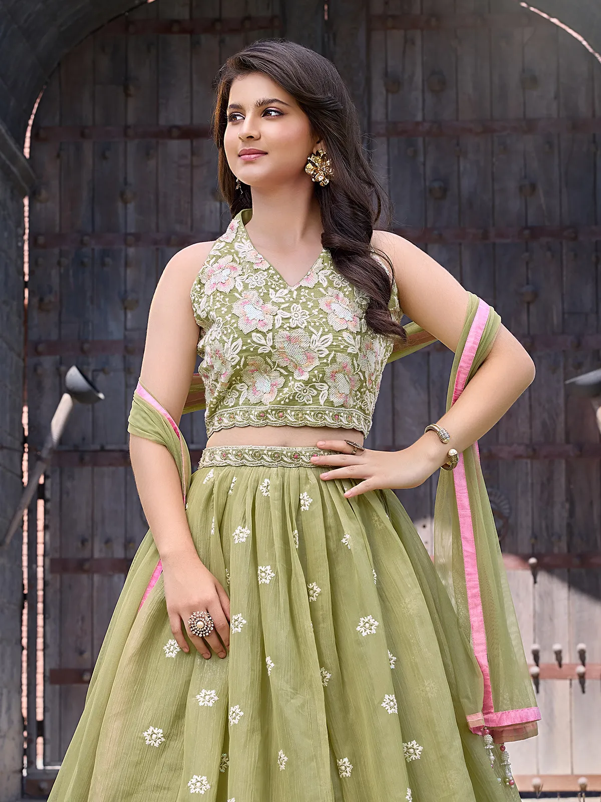 Pista green wedding wear chiffon lehenga choli