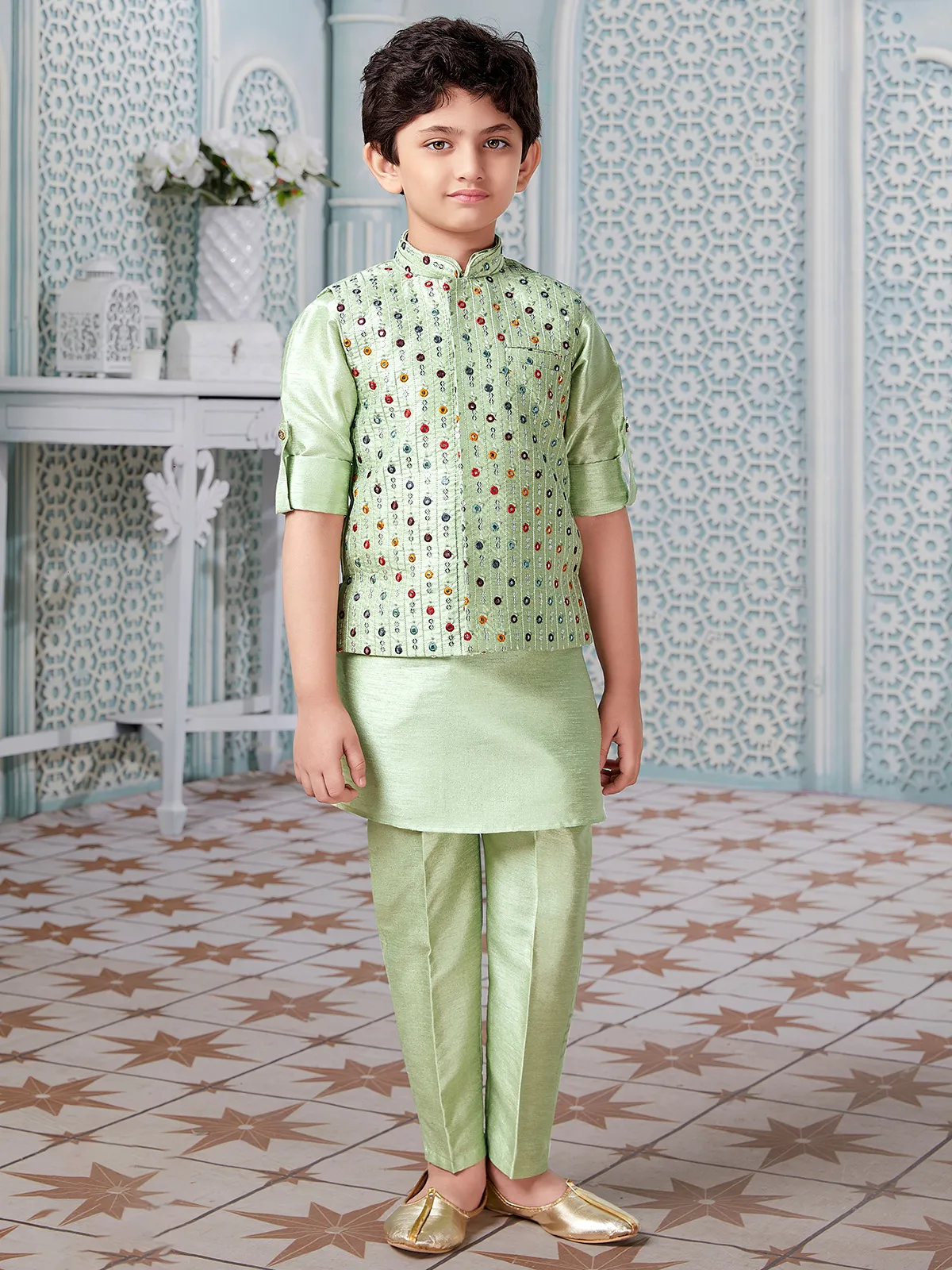 Pista green wedding wear silk waistcoat set