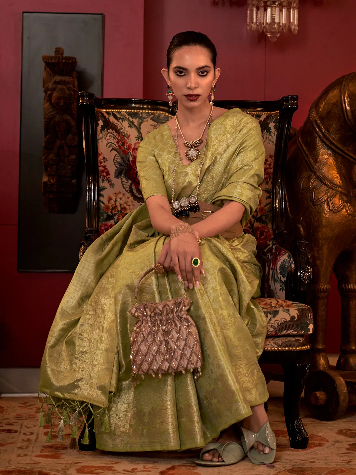 Pista green zari weaving saree in silk