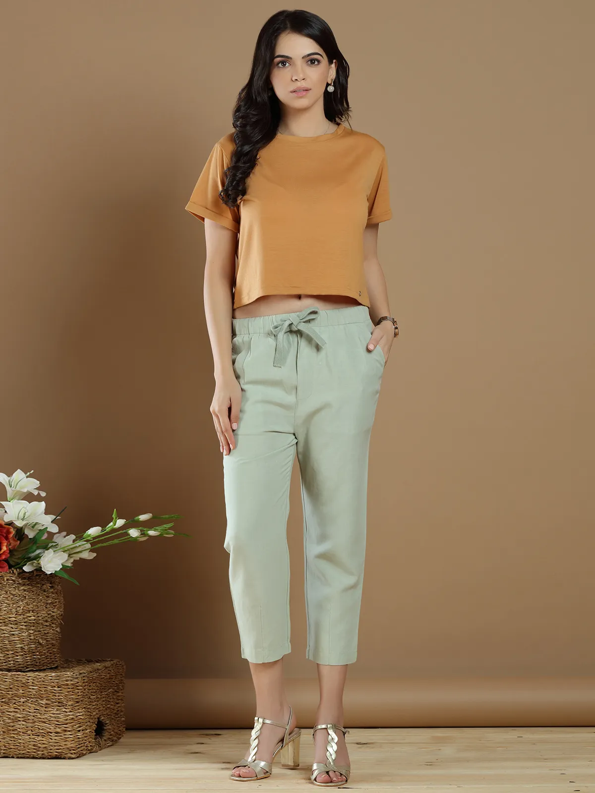 Pistachio green cotton plain pant for casual wear