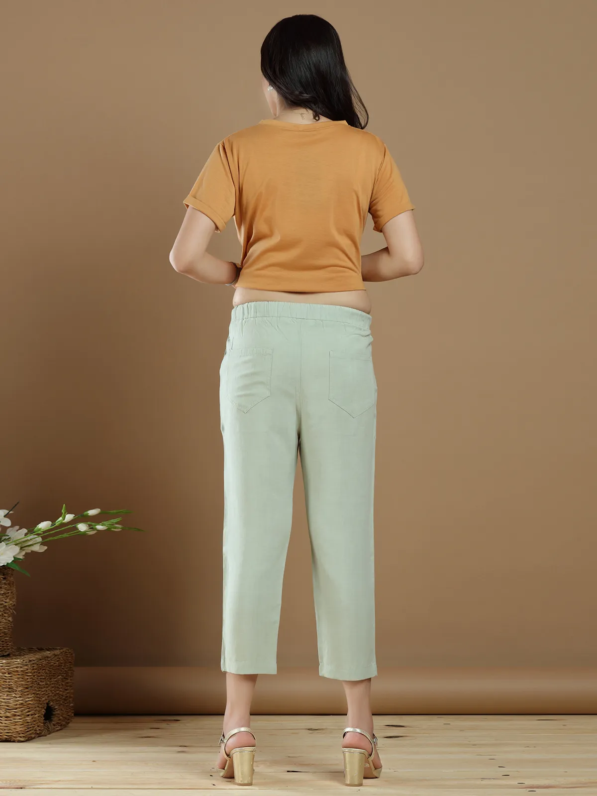 Pistachio green cotton plain pant for casual wear