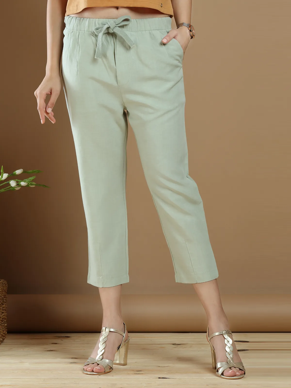 Pistachio green cotton plain pant for casual wear