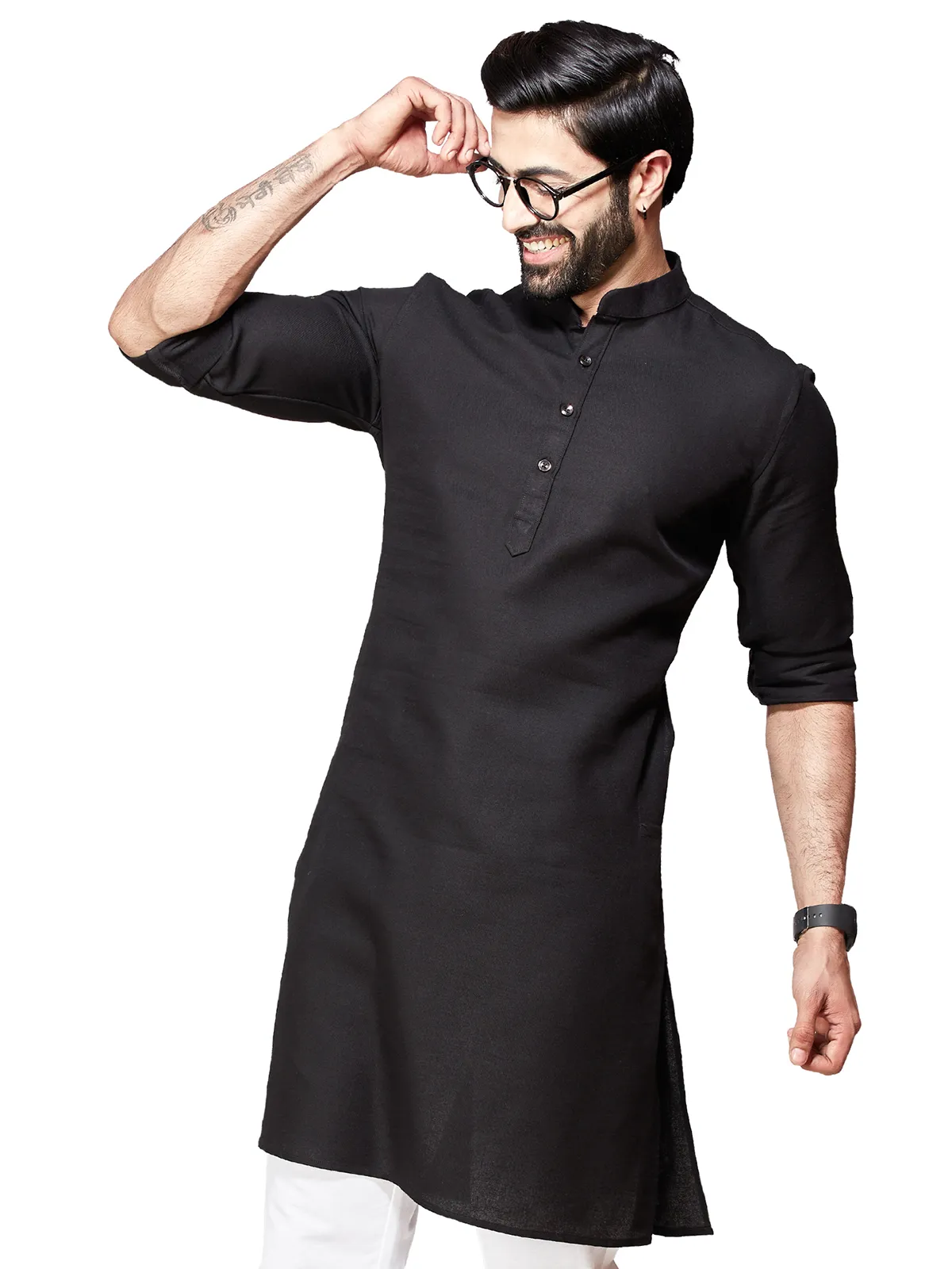 Plain cotton  Men Kurta pajama in black