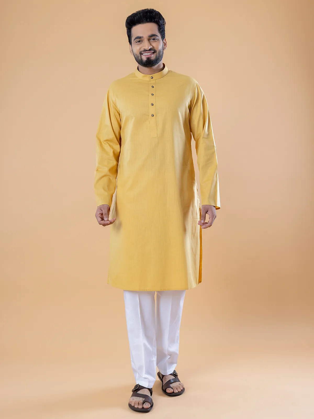 Plain cotton  Men Kurta pajama in yellow