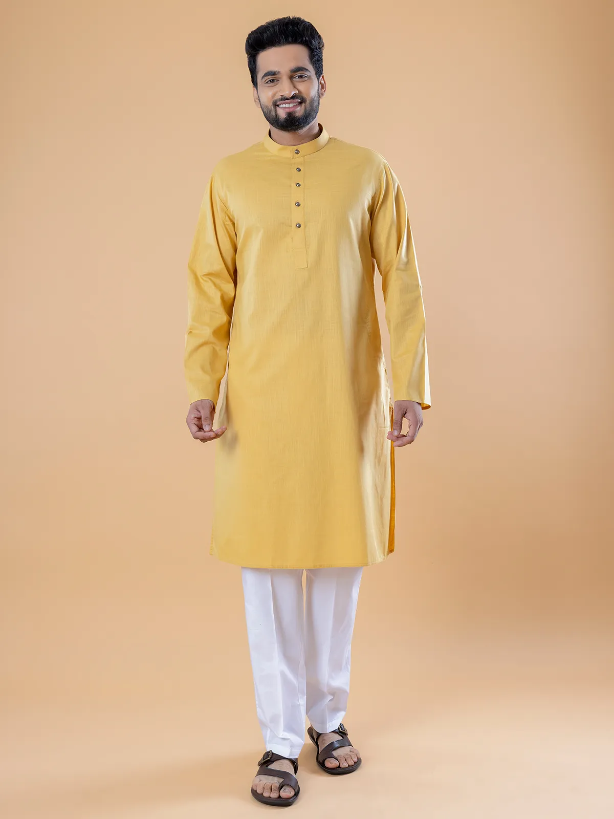 Plain cotton kurta suit in yellow