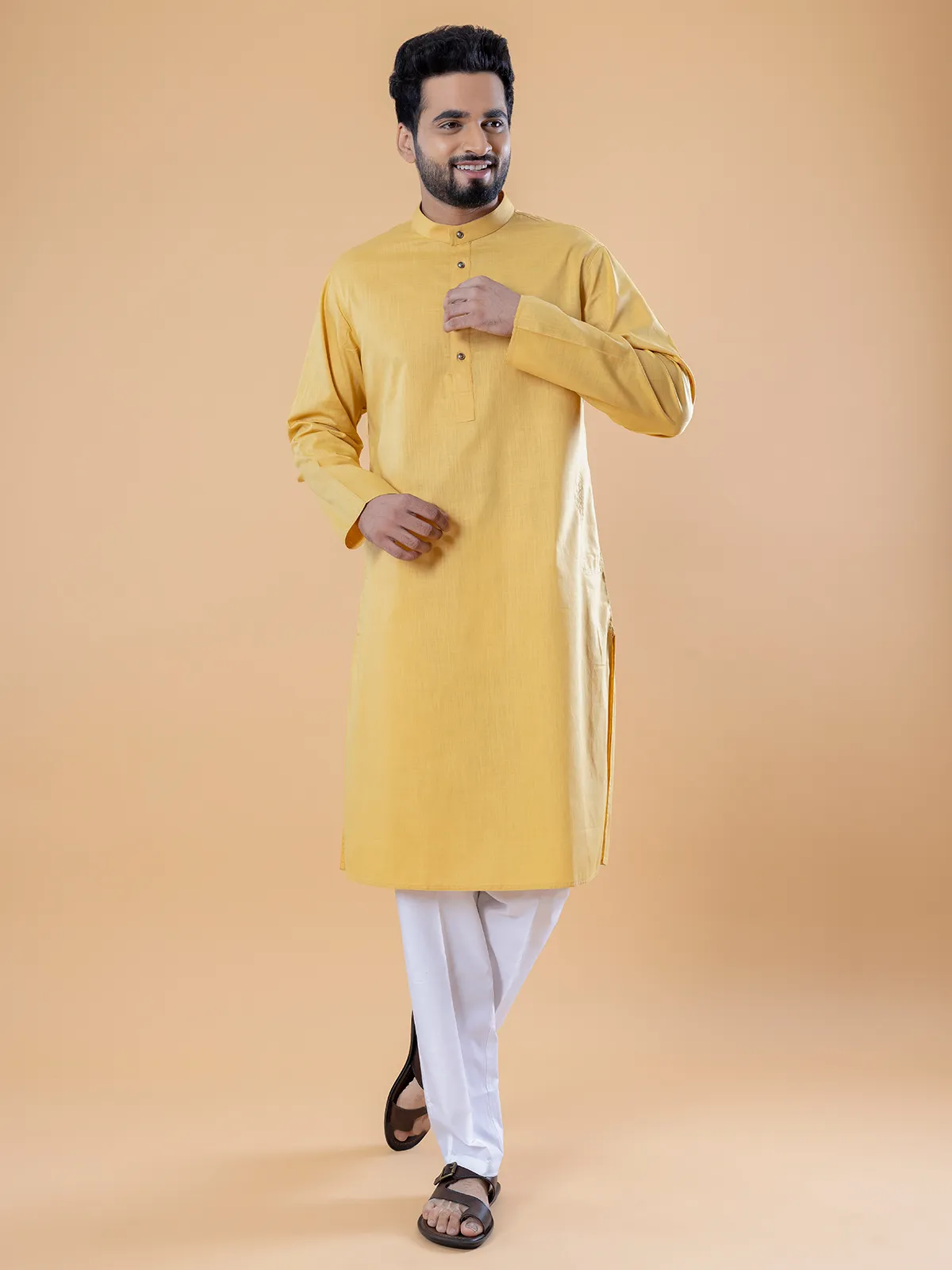 Plain cotton  Men Kurta pajama in yellow