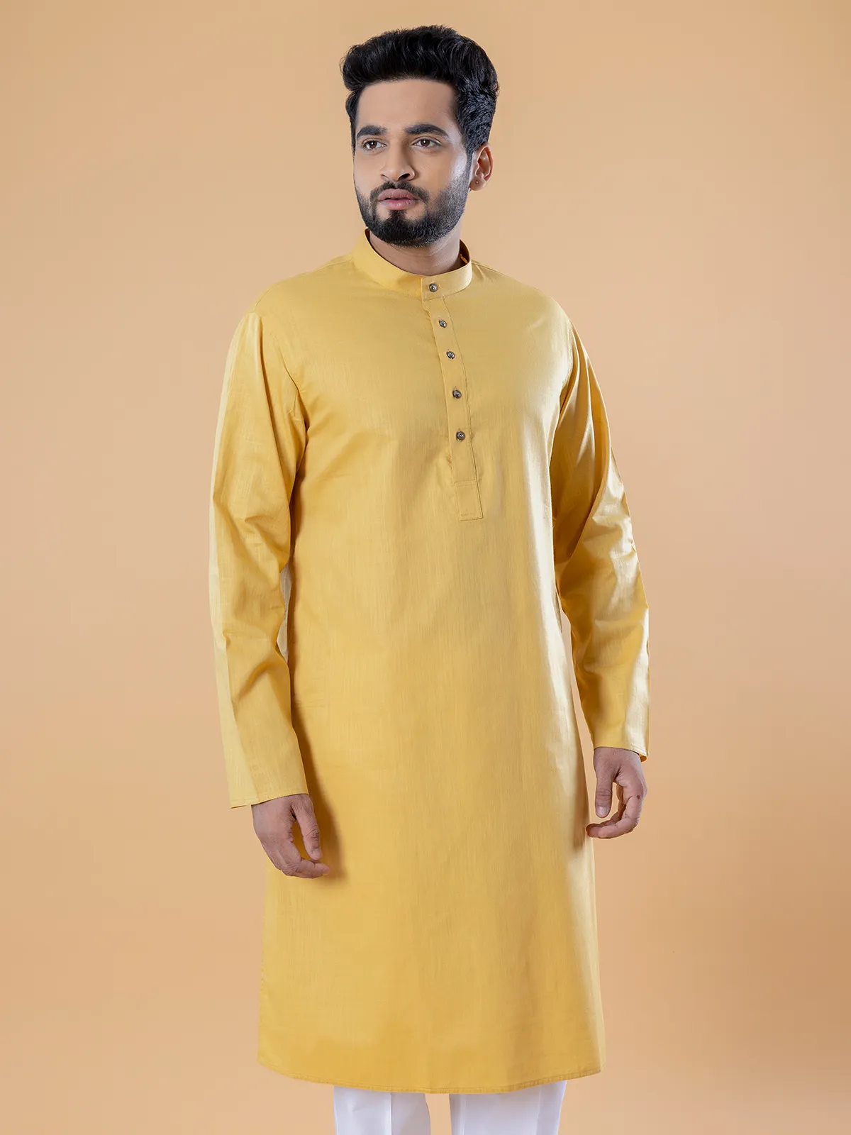 Plain cotton  Men Kurta pajama in yellow